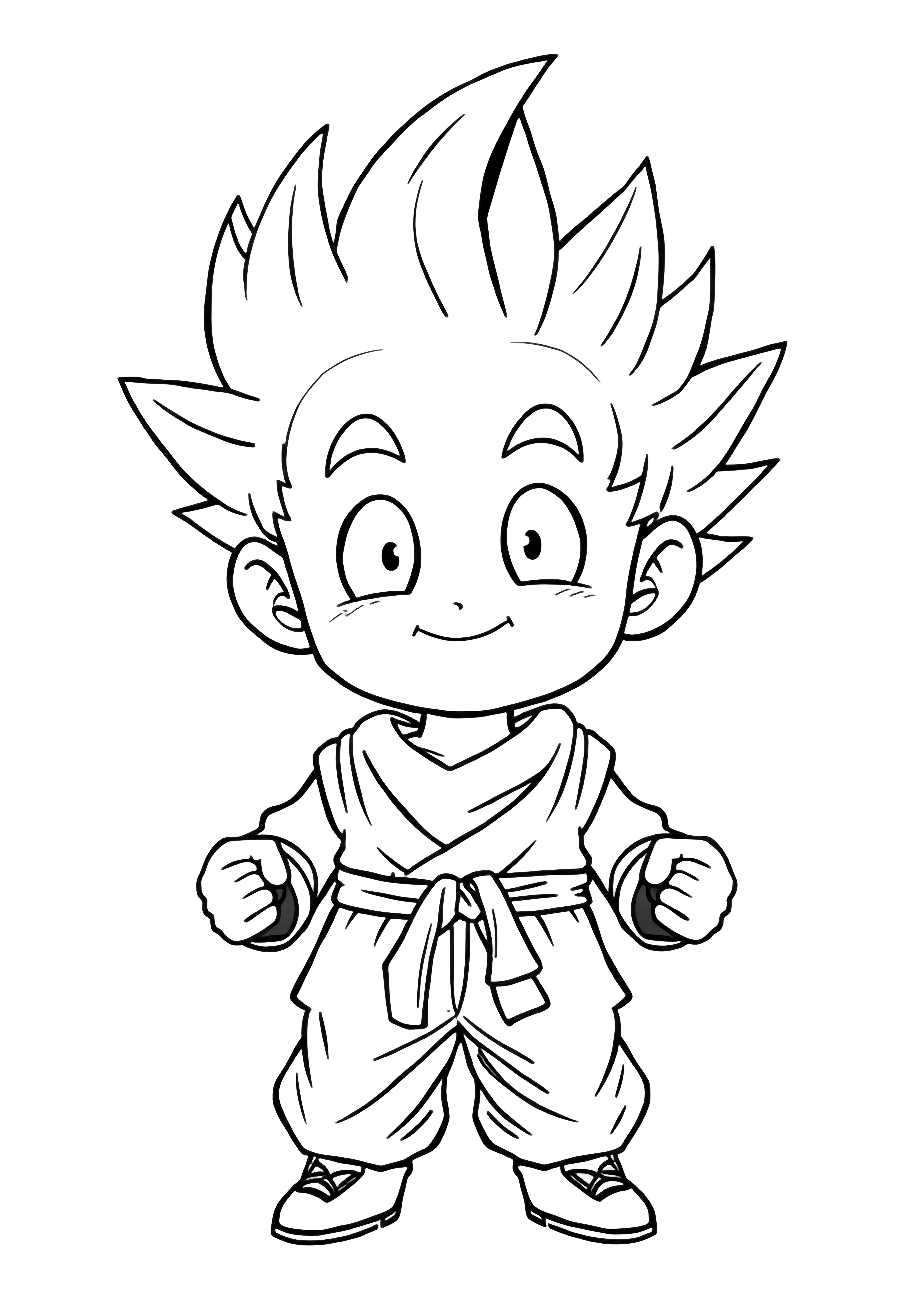 Happy Goku stands smiling in simple clothes with spiky hair big eyes and tiny fists ready for fun no background just easy black lines for little hands to color clean black and white line drawing minimal shading no colour no fill kleurplaat