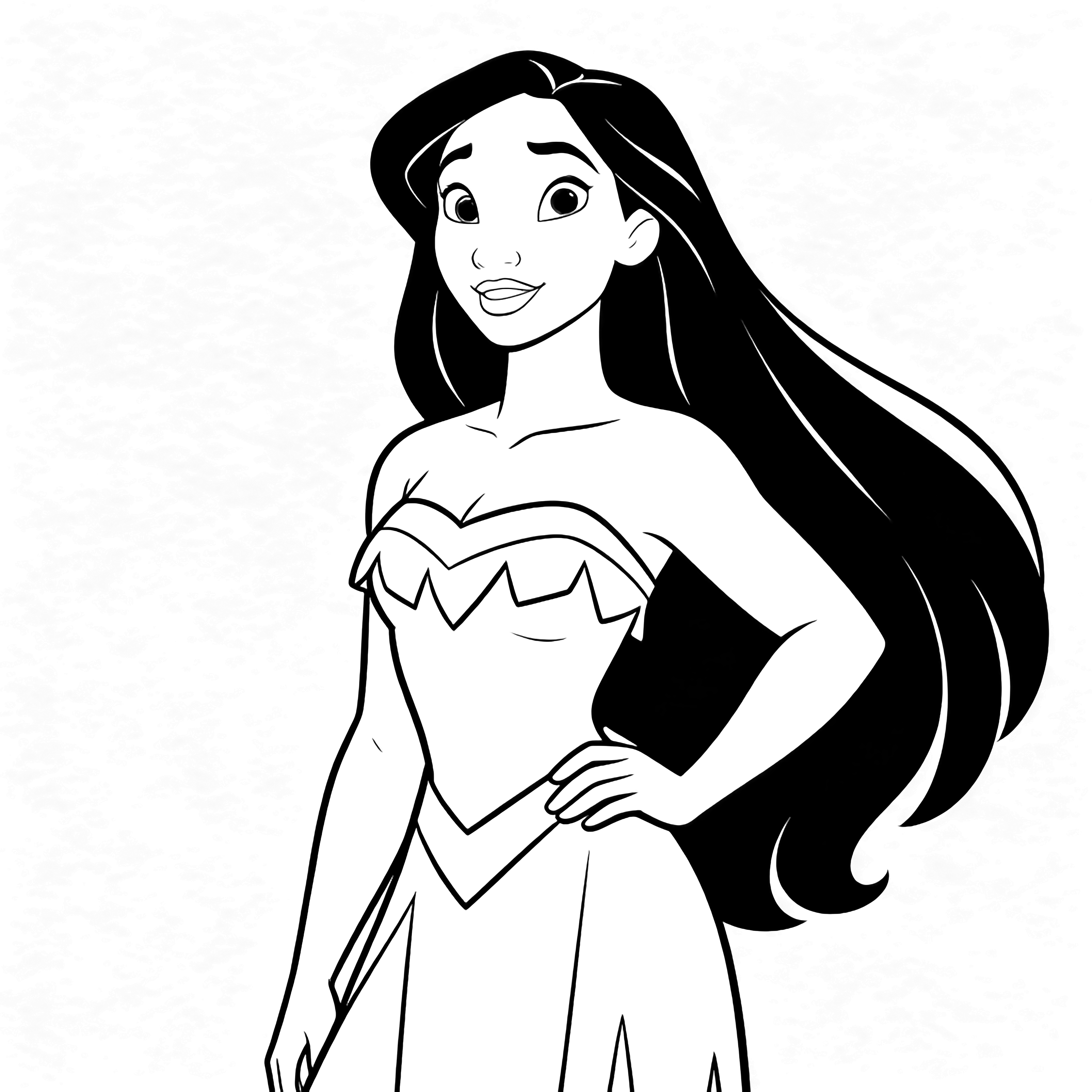 Pocahontas stands confidently with one hand on her hip and long flowing hair. kleurplaat