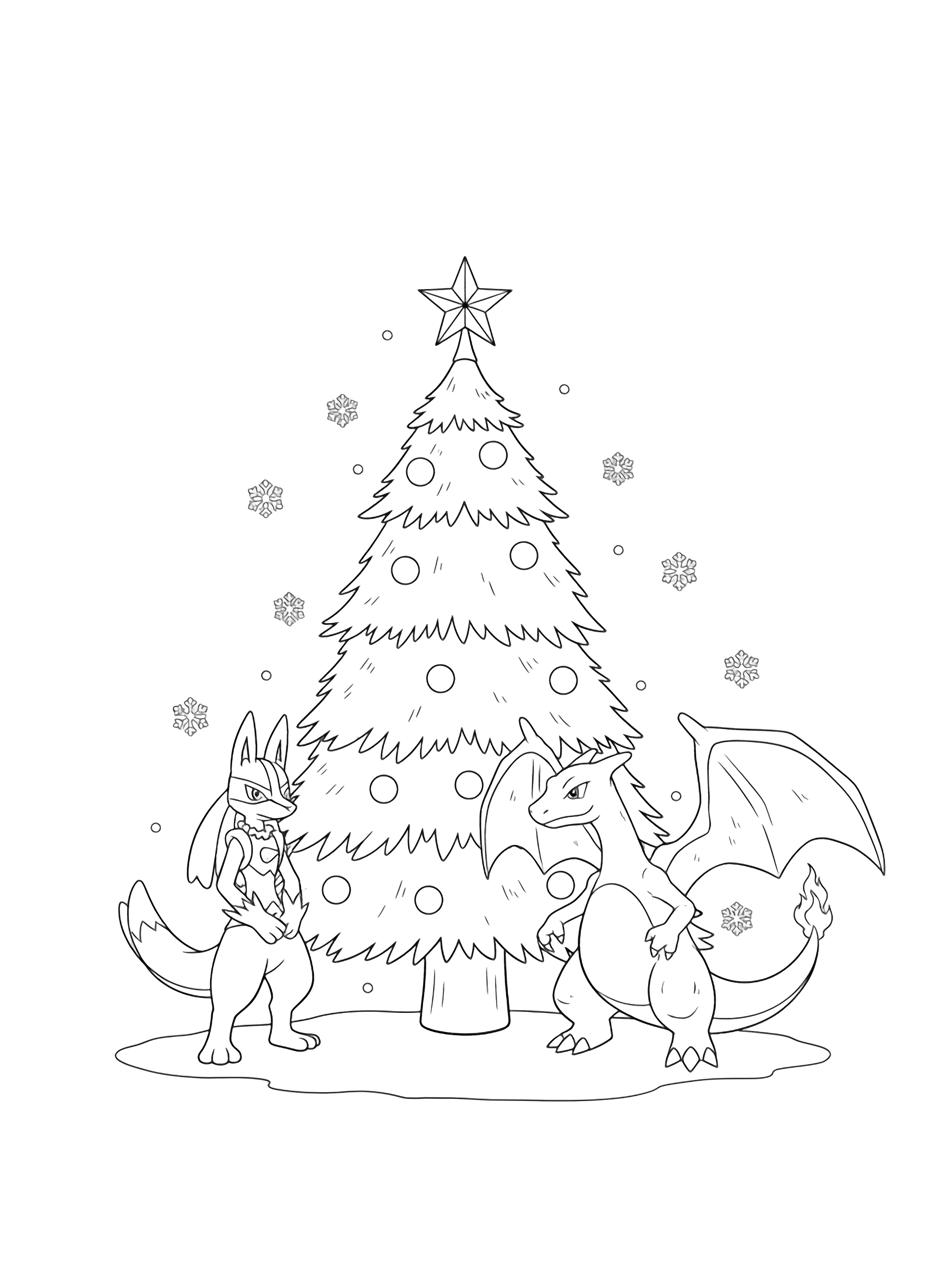 Lucario en Charizard staan aan weerszijden van een hoge kerstboom; Lucario vouwt zijn poten samen, Charizard spreidt zijn vleugels, sneeuwvlokken dwarrelen, ornamenten bungelen, een ster kroont de top, eenvoudige grondlijn. kleurplaat