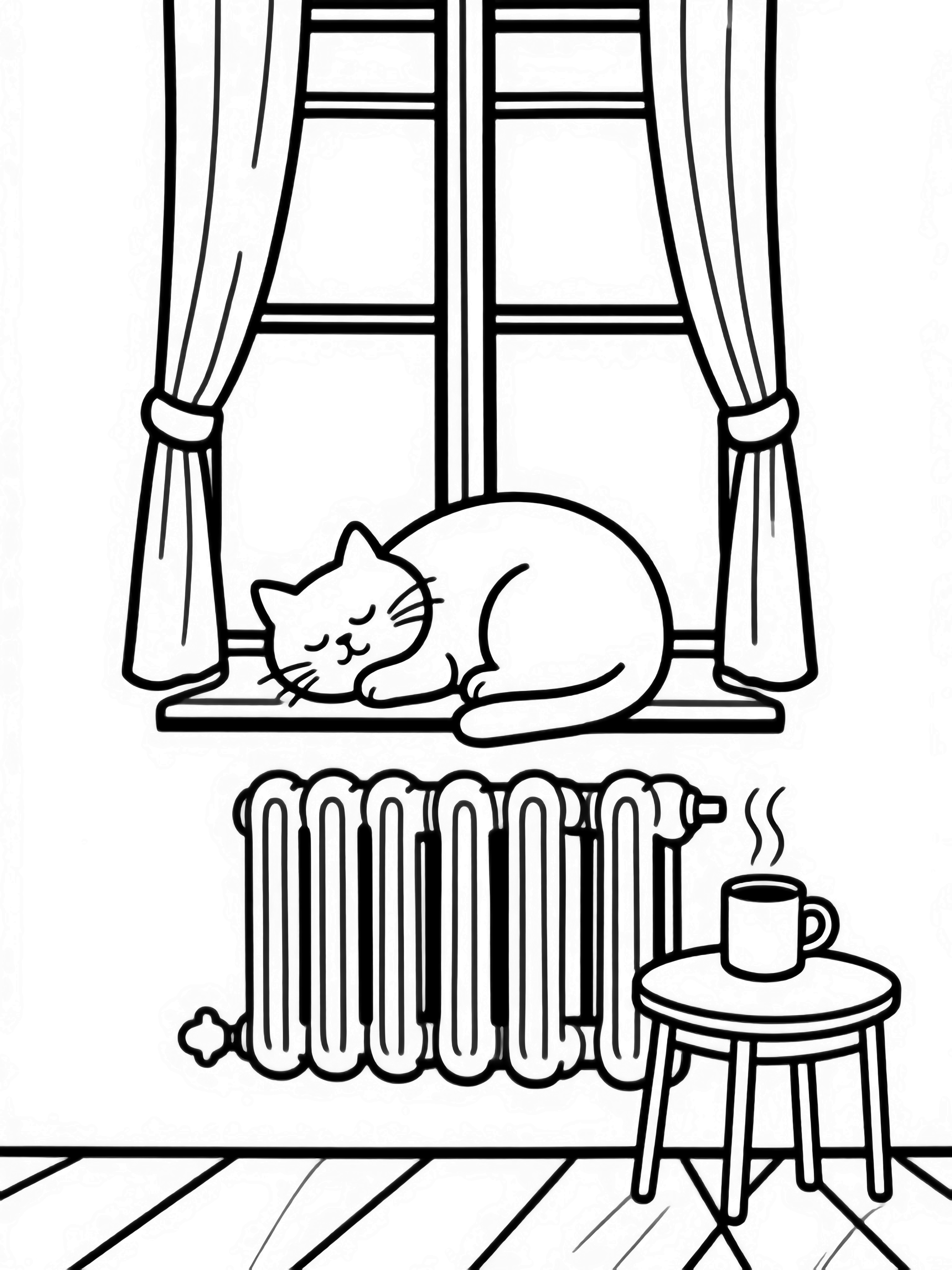A plump cat naps on a radiator under a tall window, beside curtains and a small table holding a steaming mug, all on wooden floorboards. kleurplaat