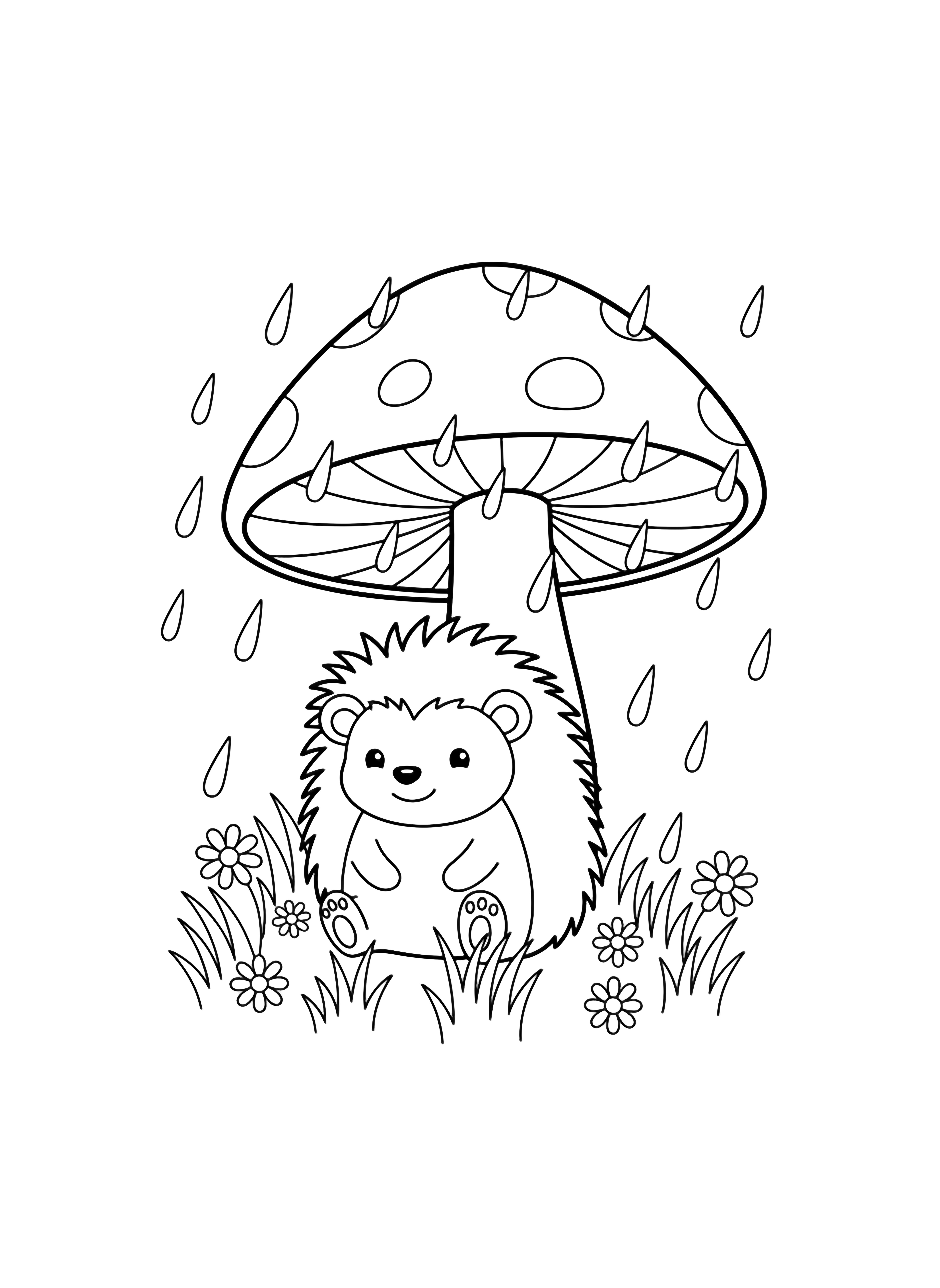 A cheerful hedgehog shelters under a big toadstool while teardrop raindrops fall; grass and small flowers surround them. kleurplaat