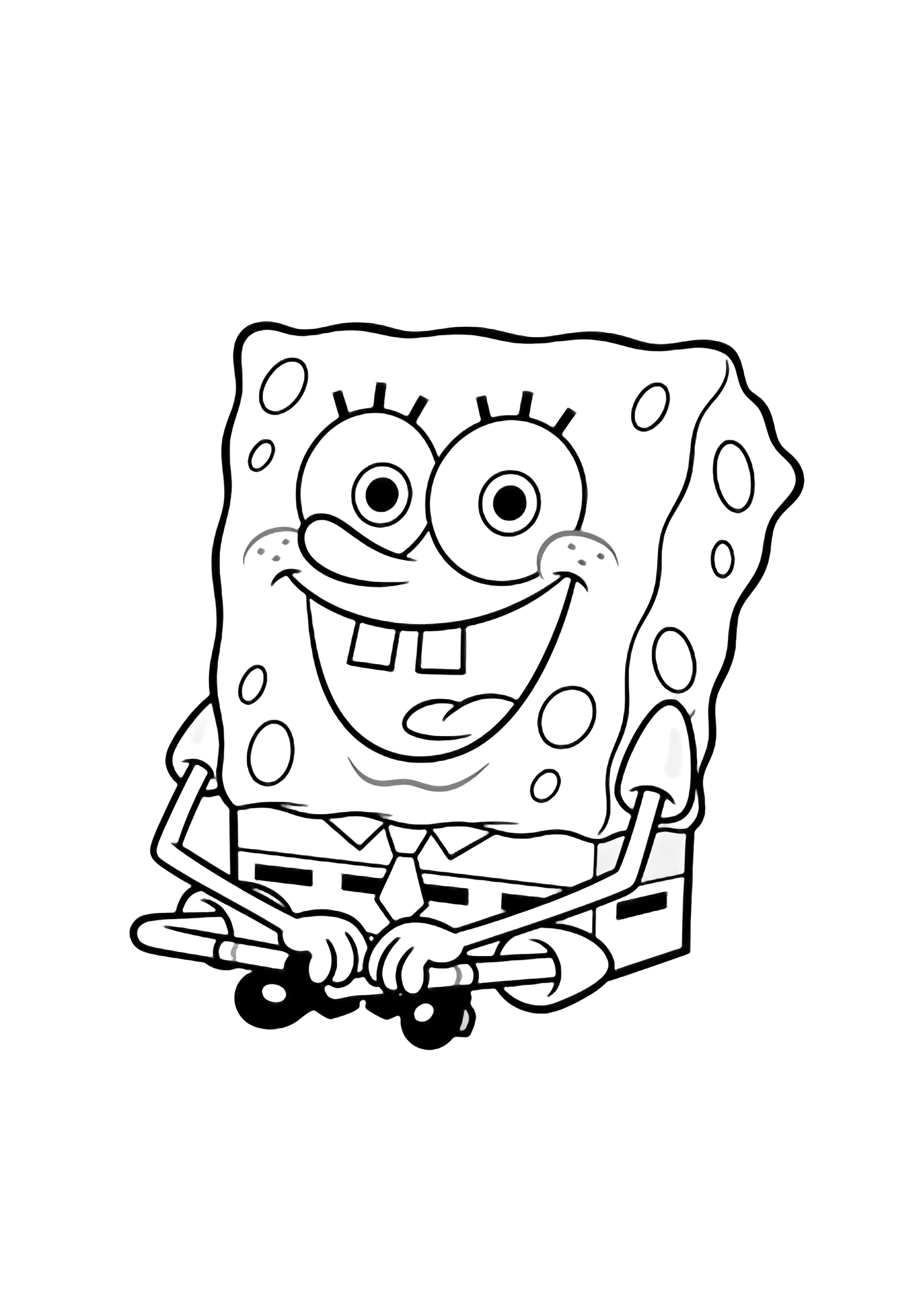 SpongeBob sits cross-legged, hands on knees, wide grin, empty eyes, square pants. kleurplaat