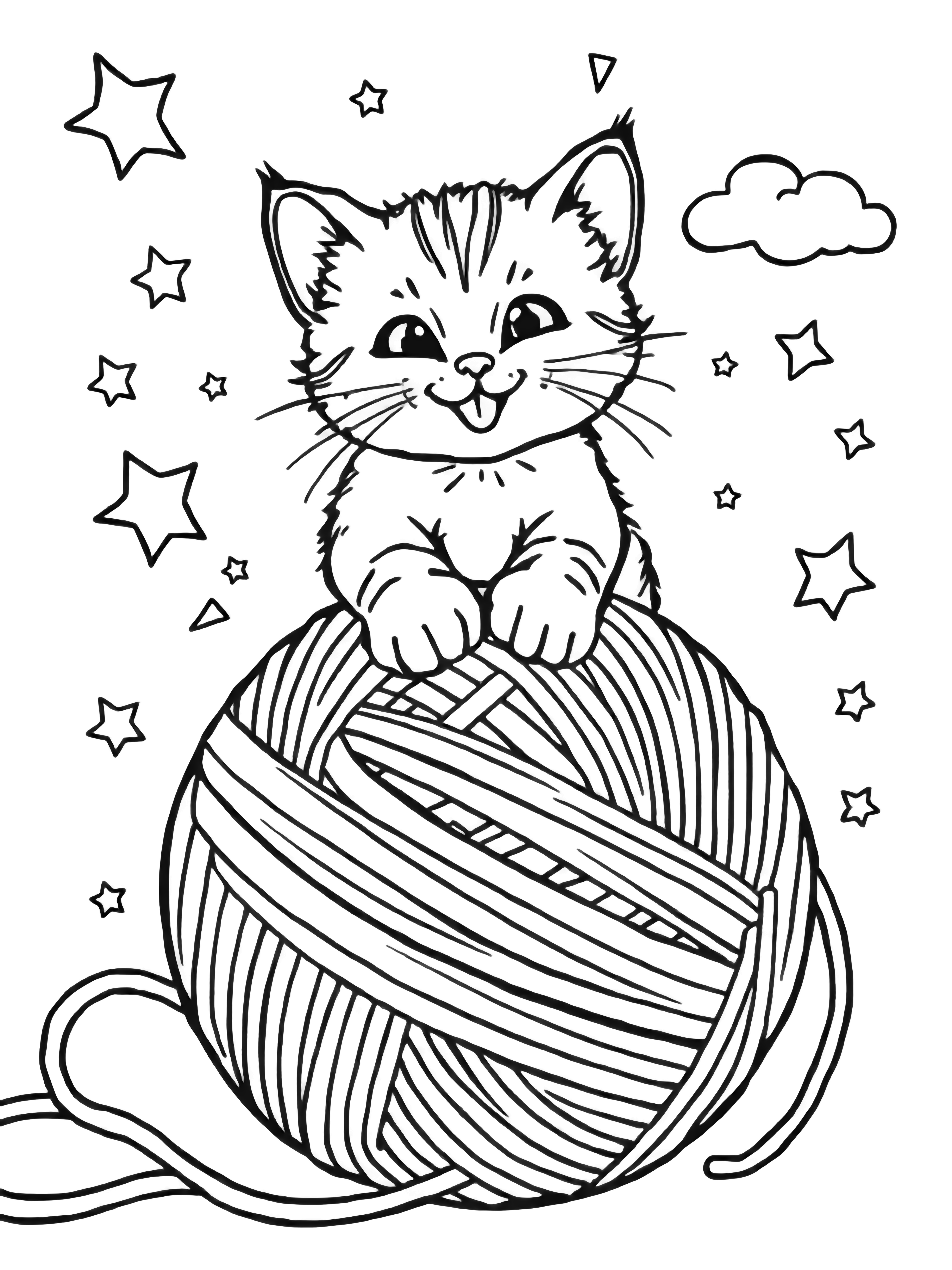 Smiling kitten sits on a giant yarn skein, stars and clouds drifting behind. kleurplaat
