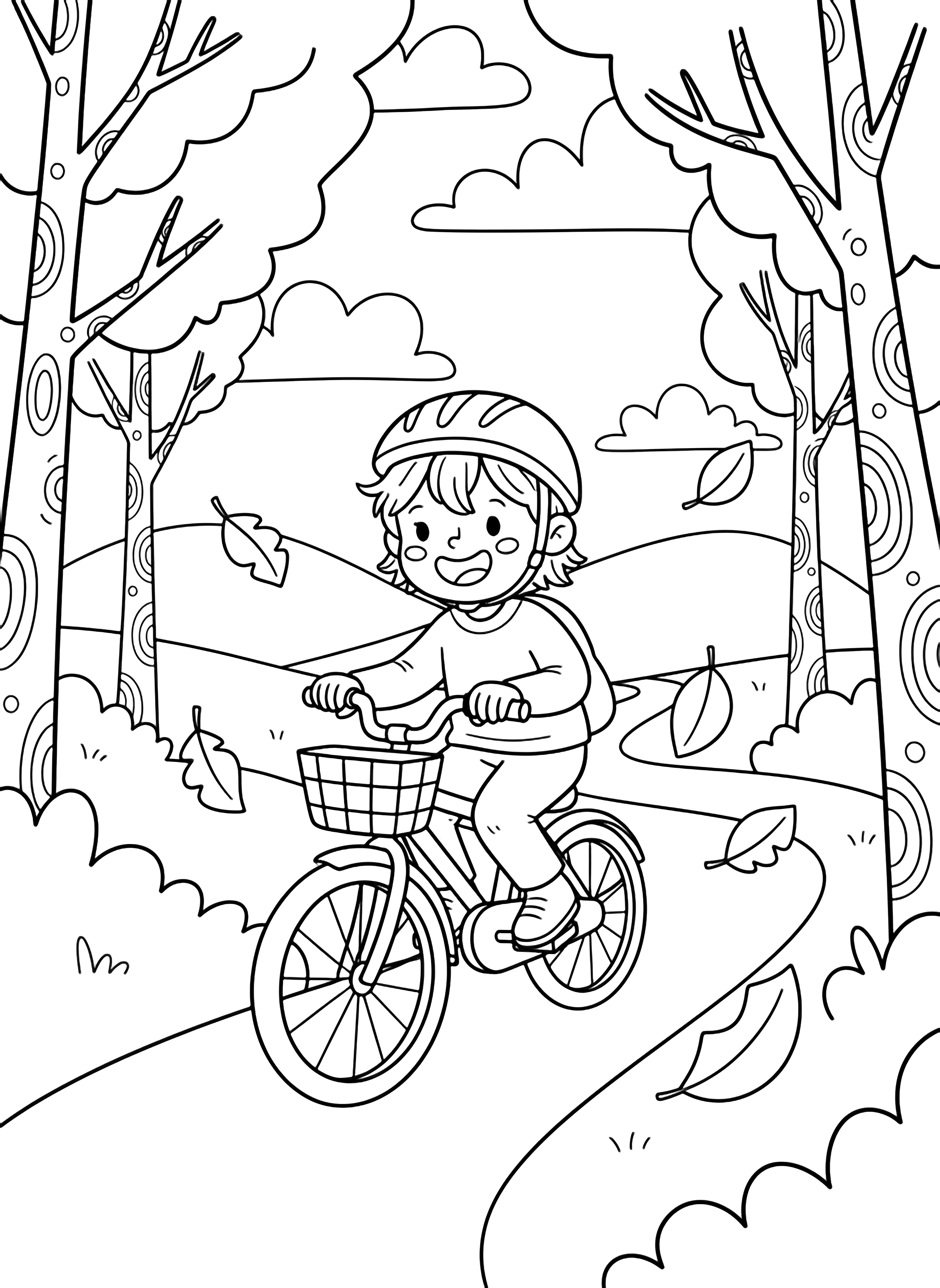 Smiling child rides bicycle along winding road, trees and drifting leaves, rolling hills, fluffy clouds. kleurplaat