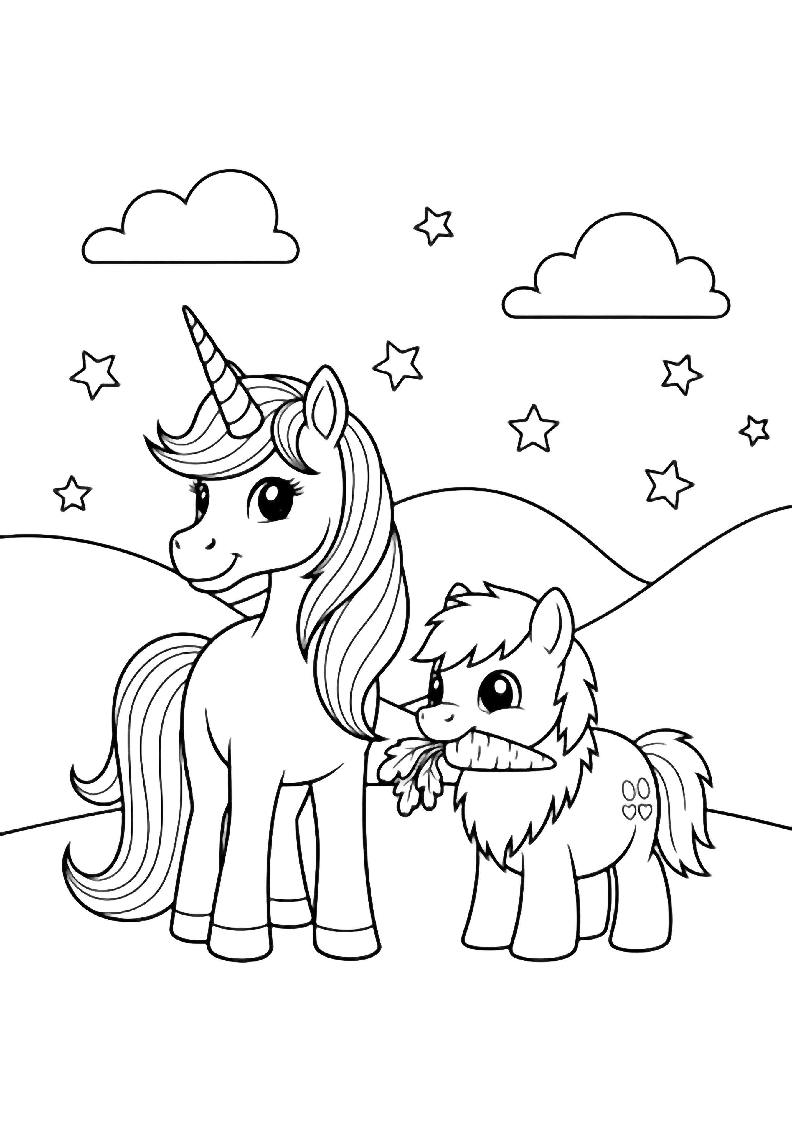 A happy unicorn stands next to a snowpony holding a carrot, with rolling hills, soft clouds, and a few stars around them. kleurplaat