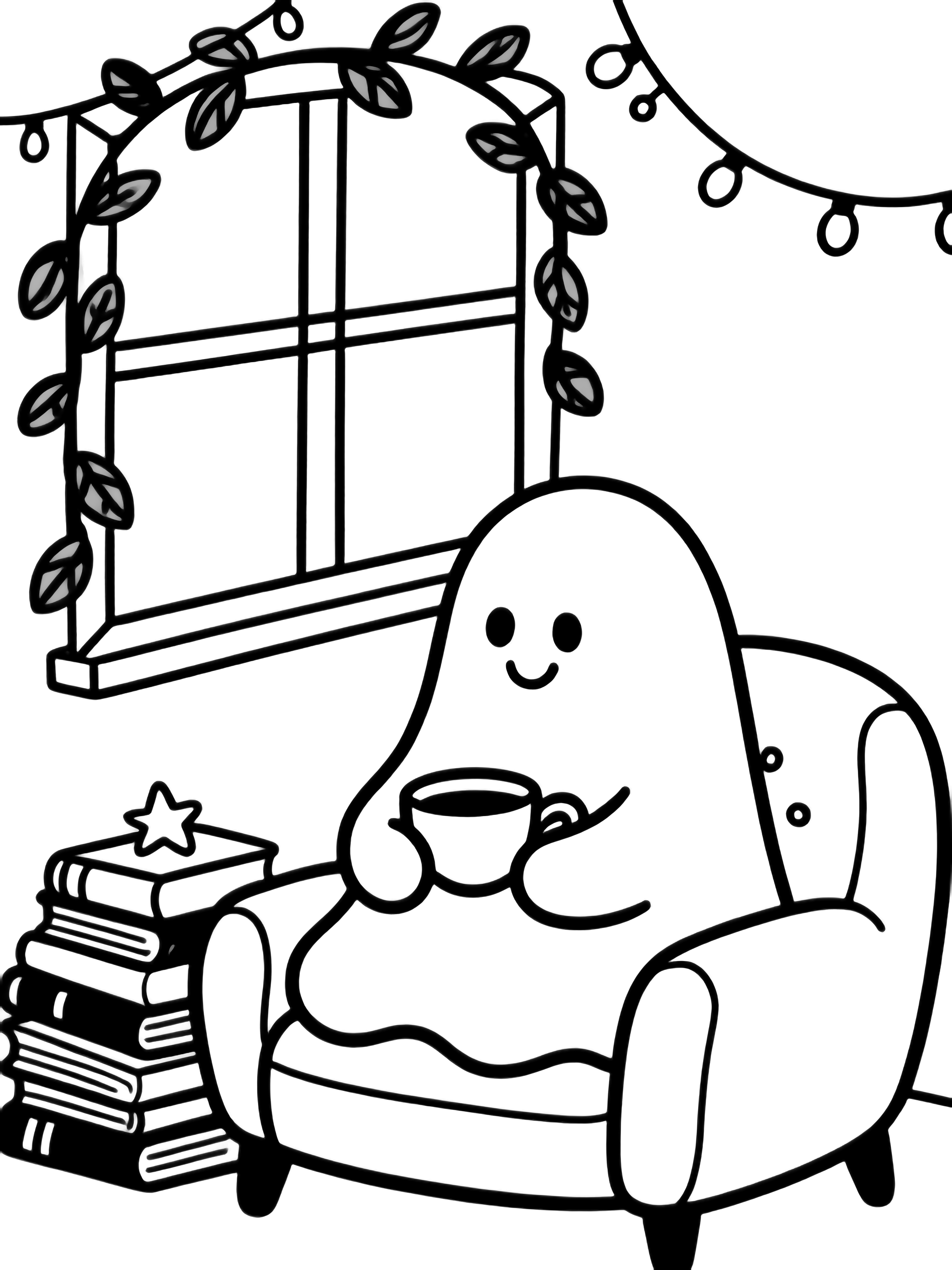 A cheerful round ghost sits cross-legged on a cushioned chair, cradling a teacup; books stacked beside, tiny stars and fairy-light loops above, leafy-garlanded window behind. kleurplaat