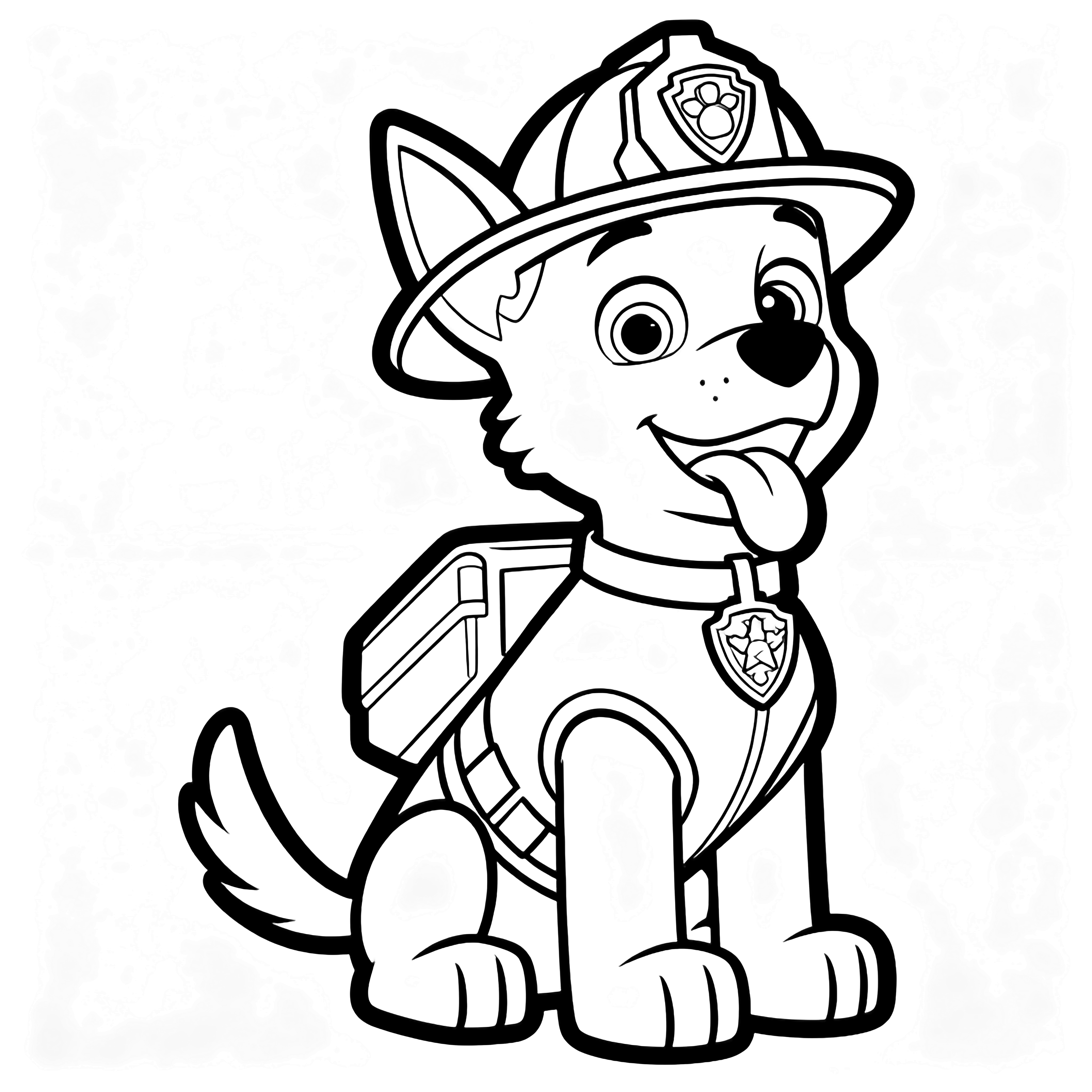 Marshall the pup sits upright, tail wagging, tongue out, wearing a firefighter hat and collar medal. kleurplaat
