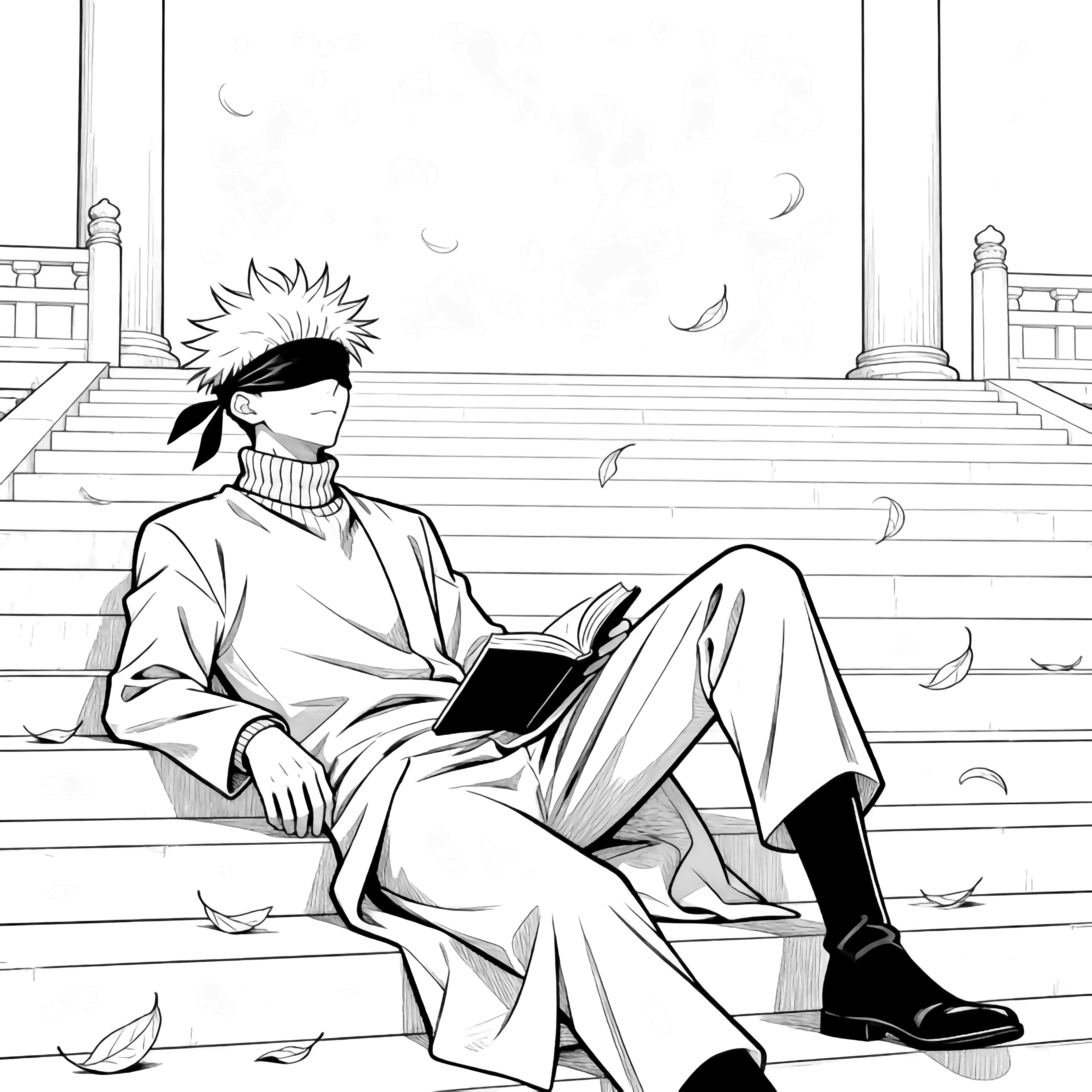 Gojo Satoru lounges on wide temple steps, one leg up, blindfold pushed up, coat and turtleneck, open book on knee, swirling leaves, distant pillars behind. kleurplaat