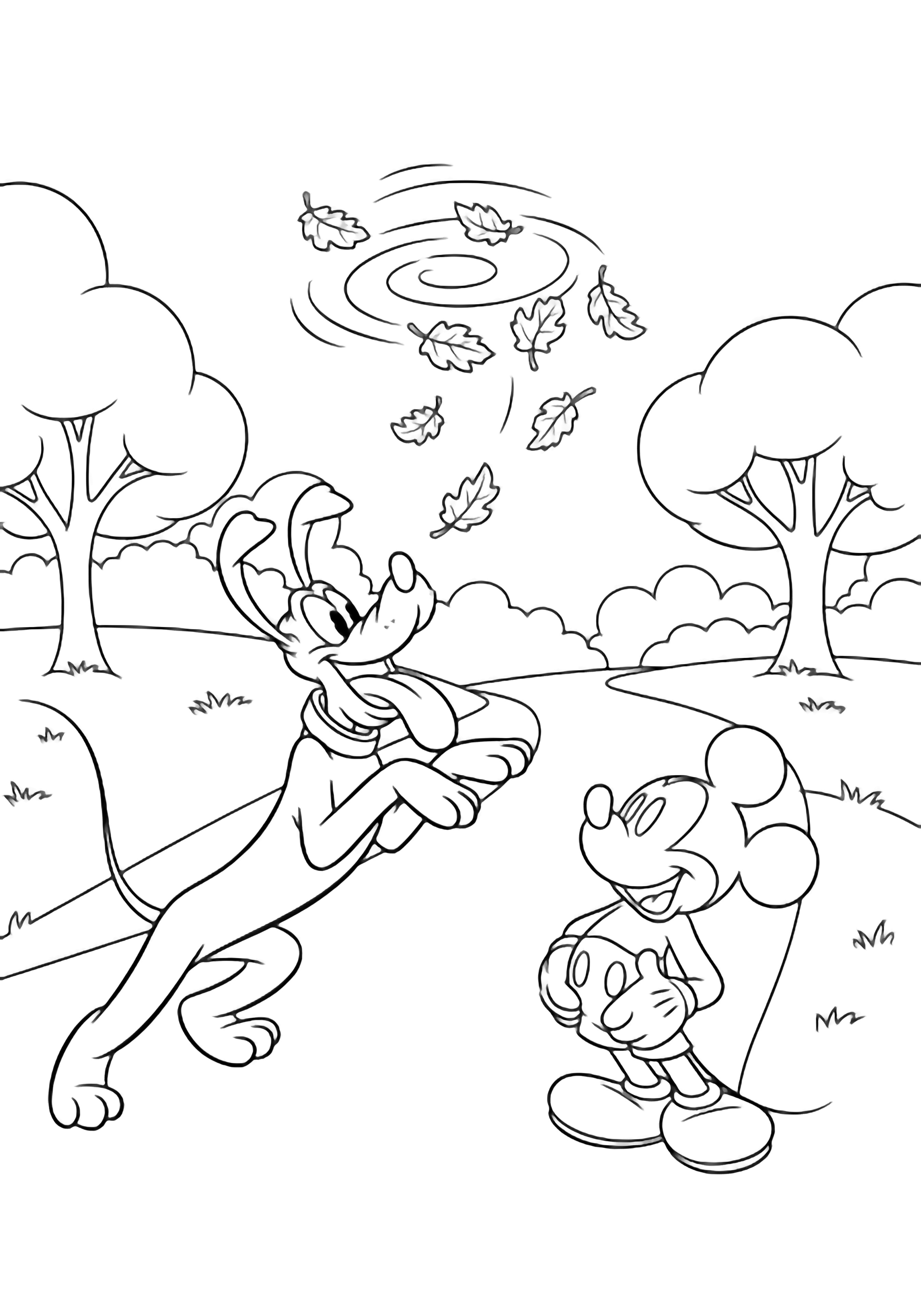Pluto leaps after swirling leaves while Mickey, hands on belly, laughs beside a park path with simple trees. kleurplaat