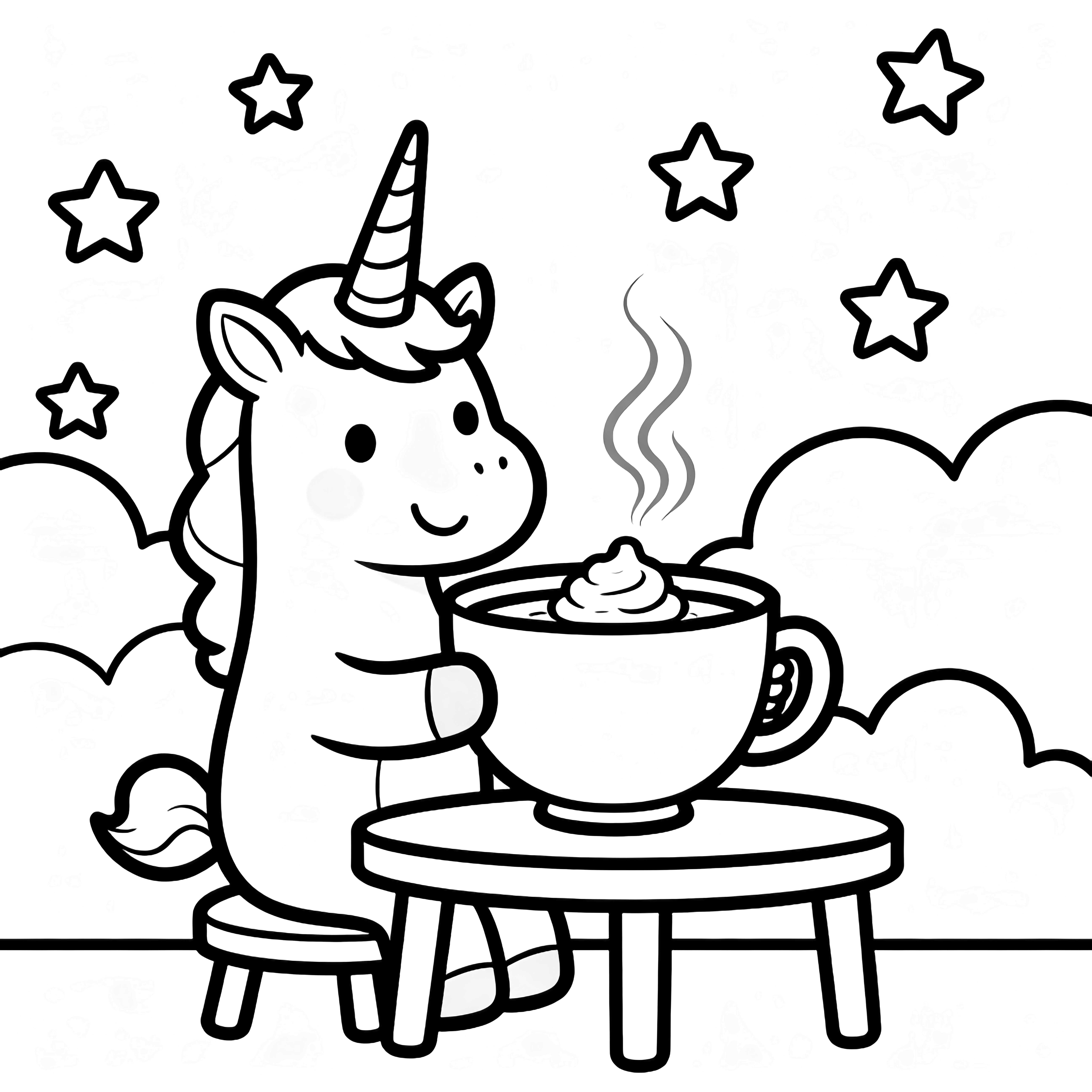 A smiling unicorn sits at a tiny table, lifting a round cup with its horn; steam rises, topped with whipped cream, stars and clouds behind. kleurplaat