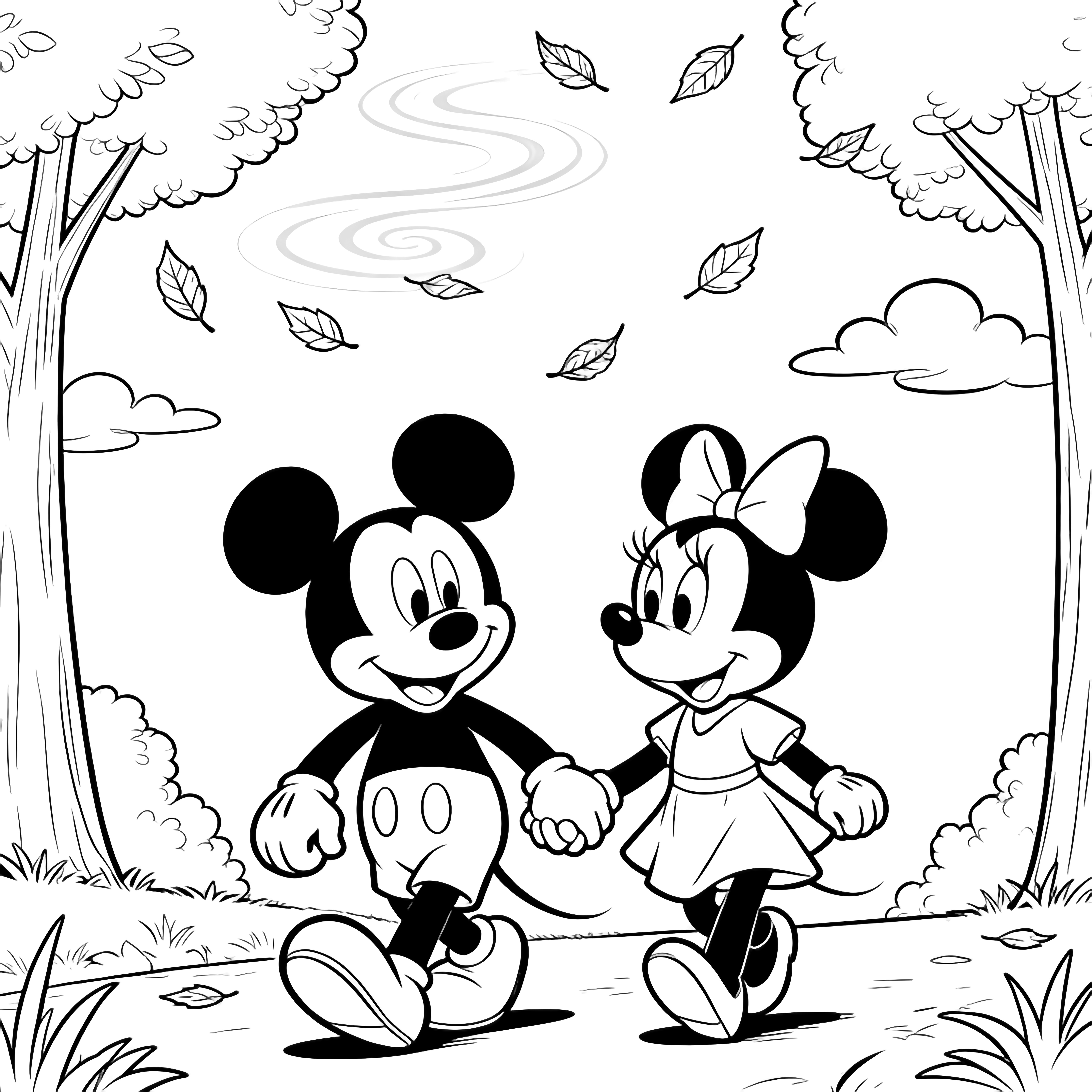 Mickey and Skye walk hand-in-hand beneath gently falling autumn leaves, framed by simple trees and drifting clouds. kleurplaat