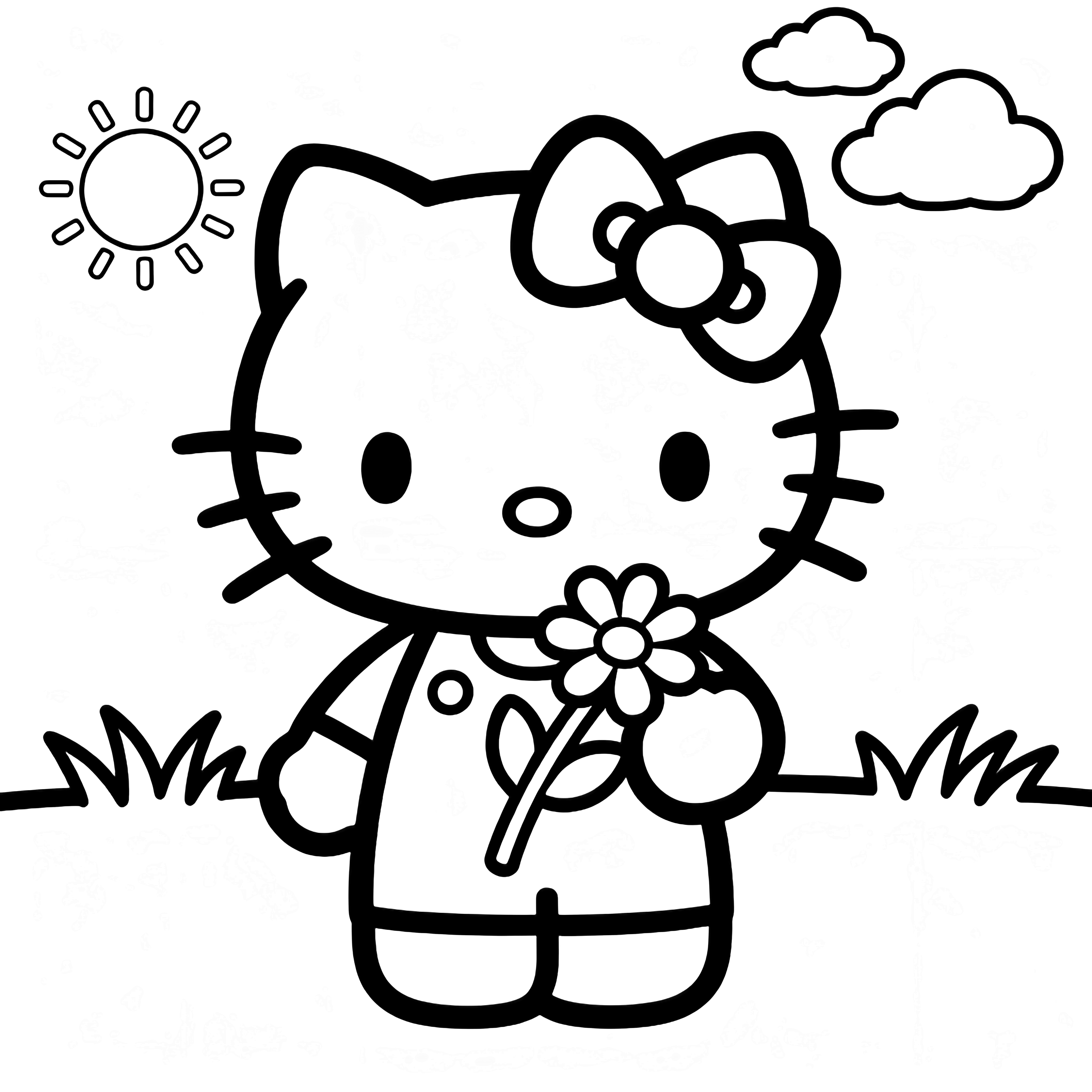 Hello Kitty stands smiling, holding a daisy, with a small sun, two clouds, and a grass line behind her. kleurplaat