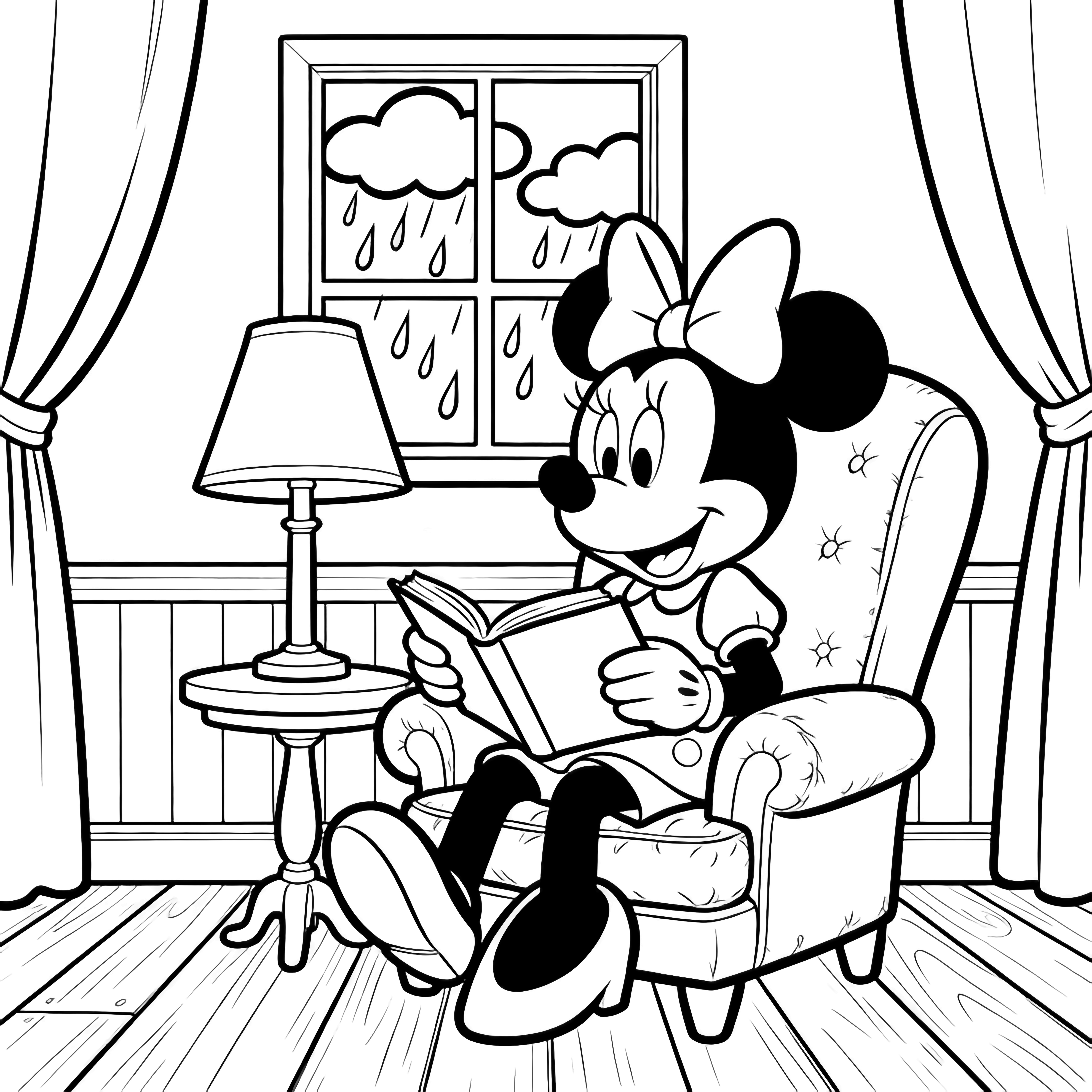 Minnie sits on a cushioned chair, smiling with an open storybook; lamp beside her, rain-streaked window behind, floorboards and curtains. kleurplaat