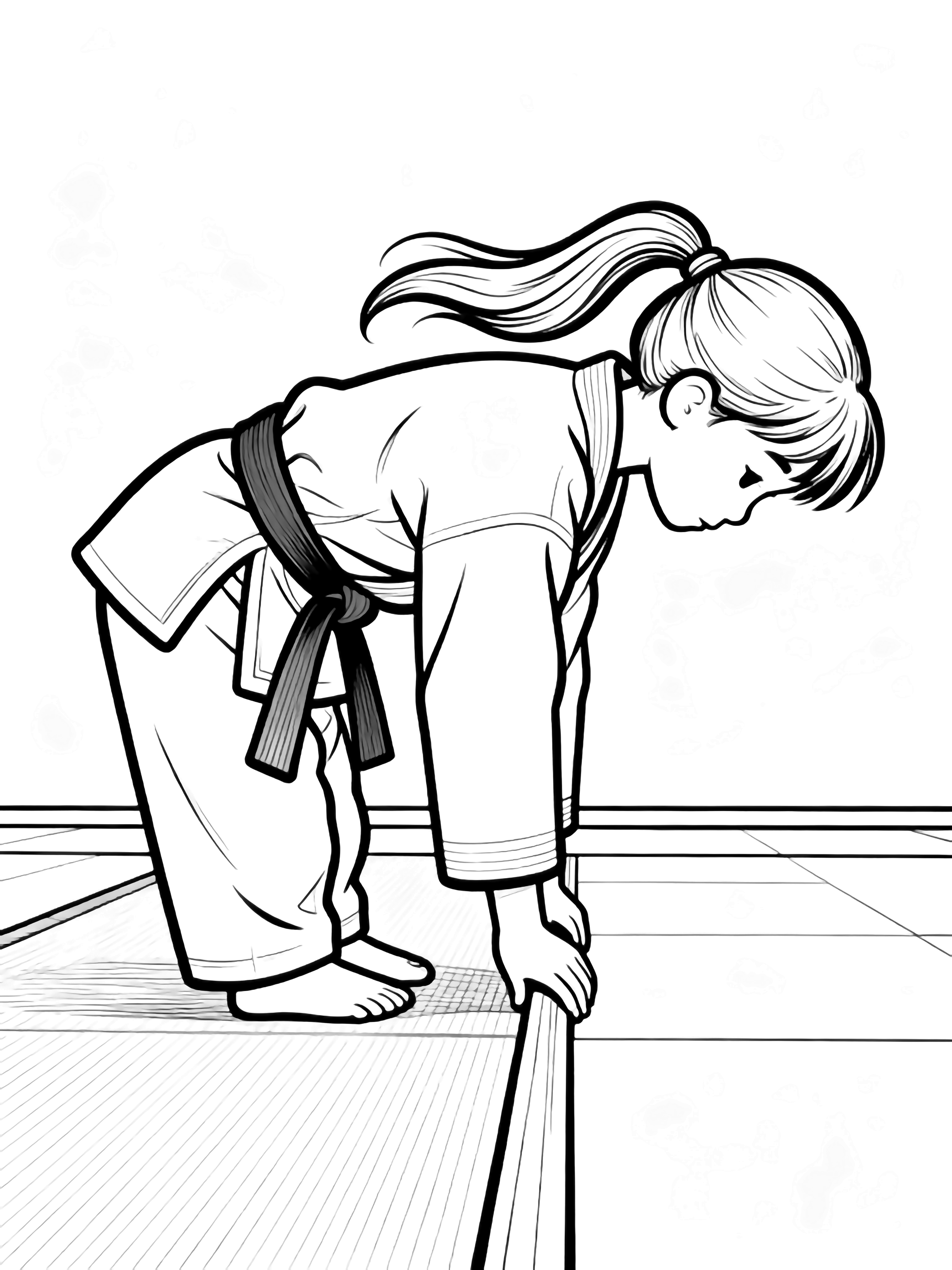 Jonge judoka met staartje die buigt aan de rand van de mat, knieën gebogen, armen gestrekt, staartje wapperend kleurplaat