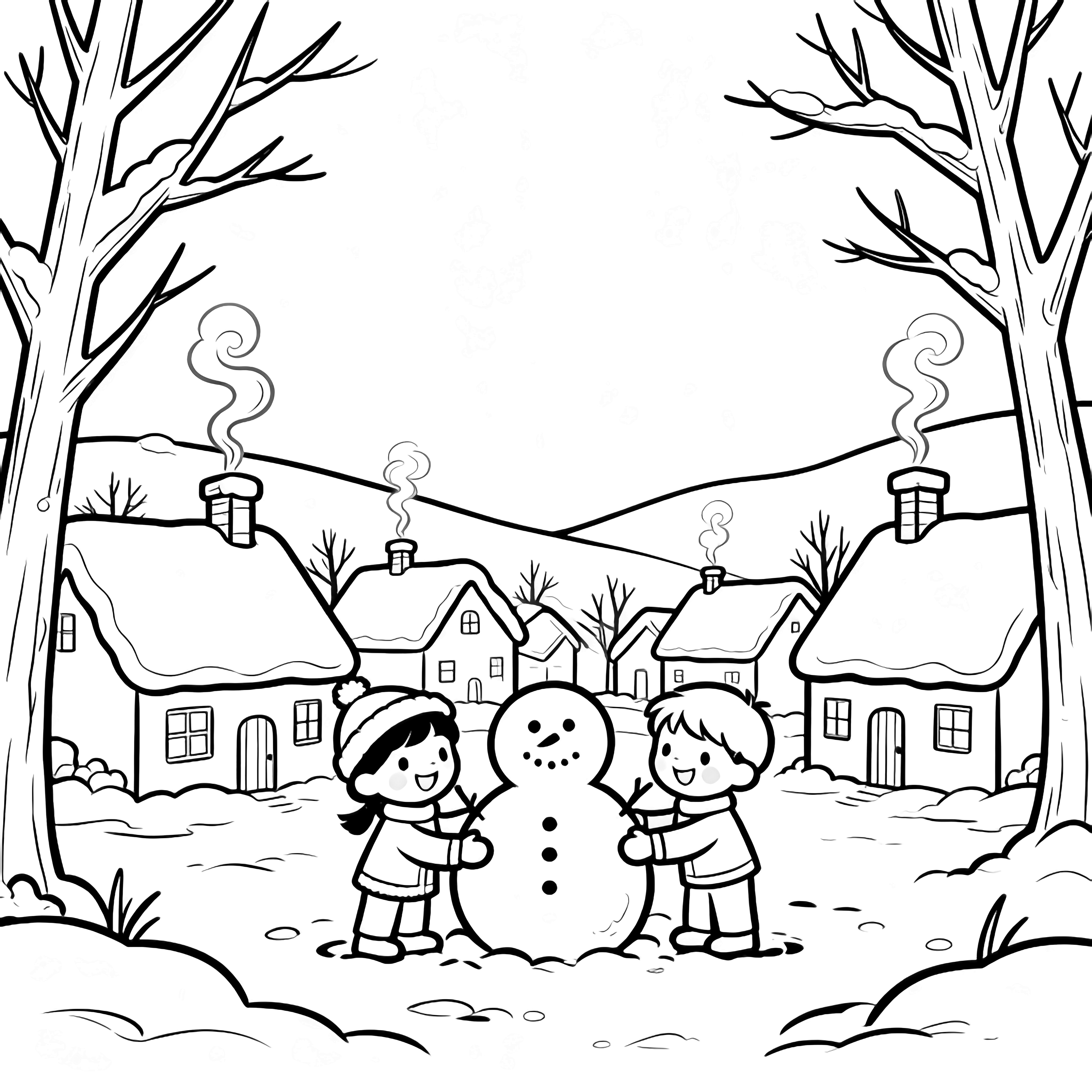 Knusse huisjes met besneeuwde daken en krullende schoorsteenrook, kinderen die een sneeuwpop bouwen, kale bomen, zacht glooiende heuvels. kleurplaat