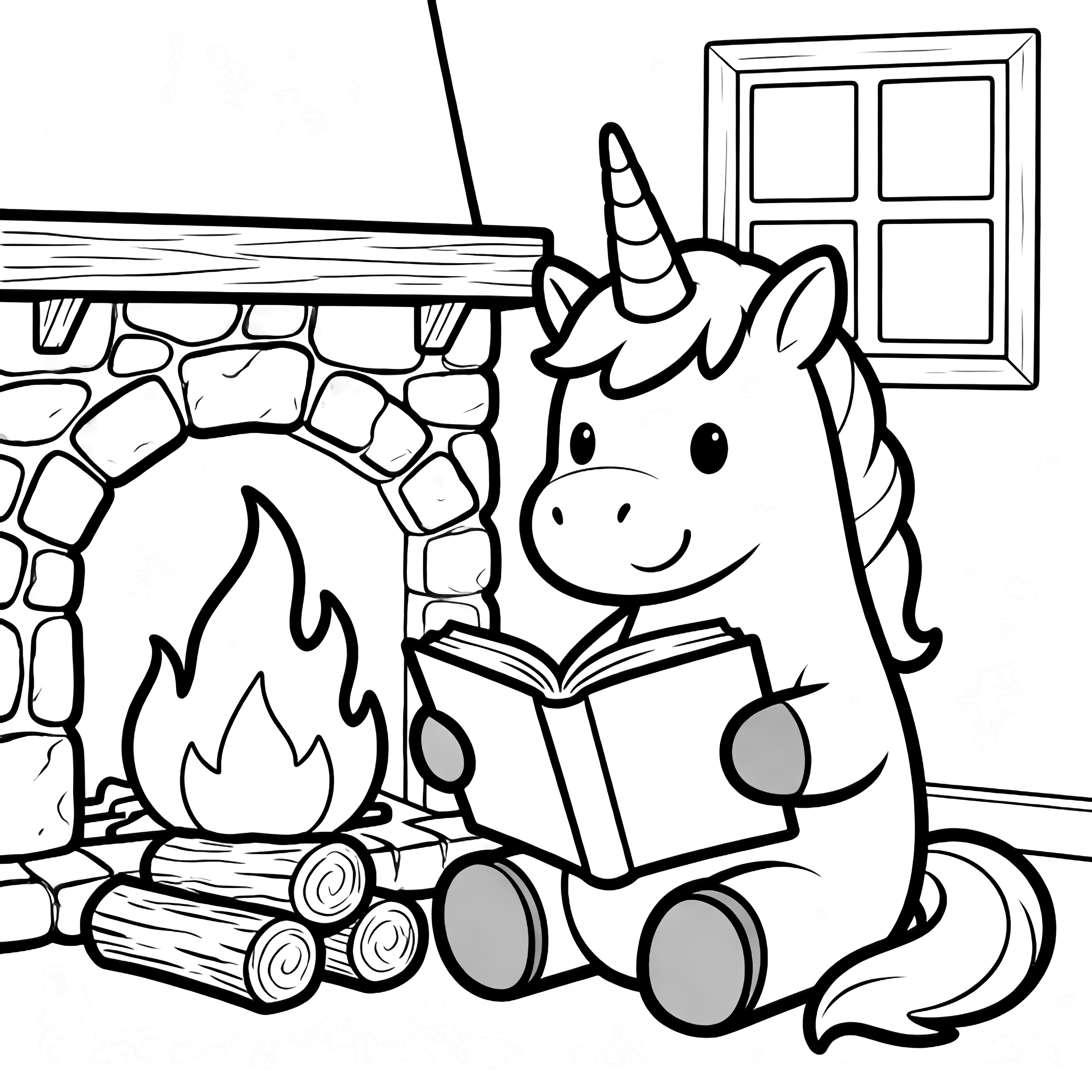 A smiling unicorn sits by a stone fireplace, open storybook in hooves, flames below, wooden shelf and square window nearby. kleurplaat