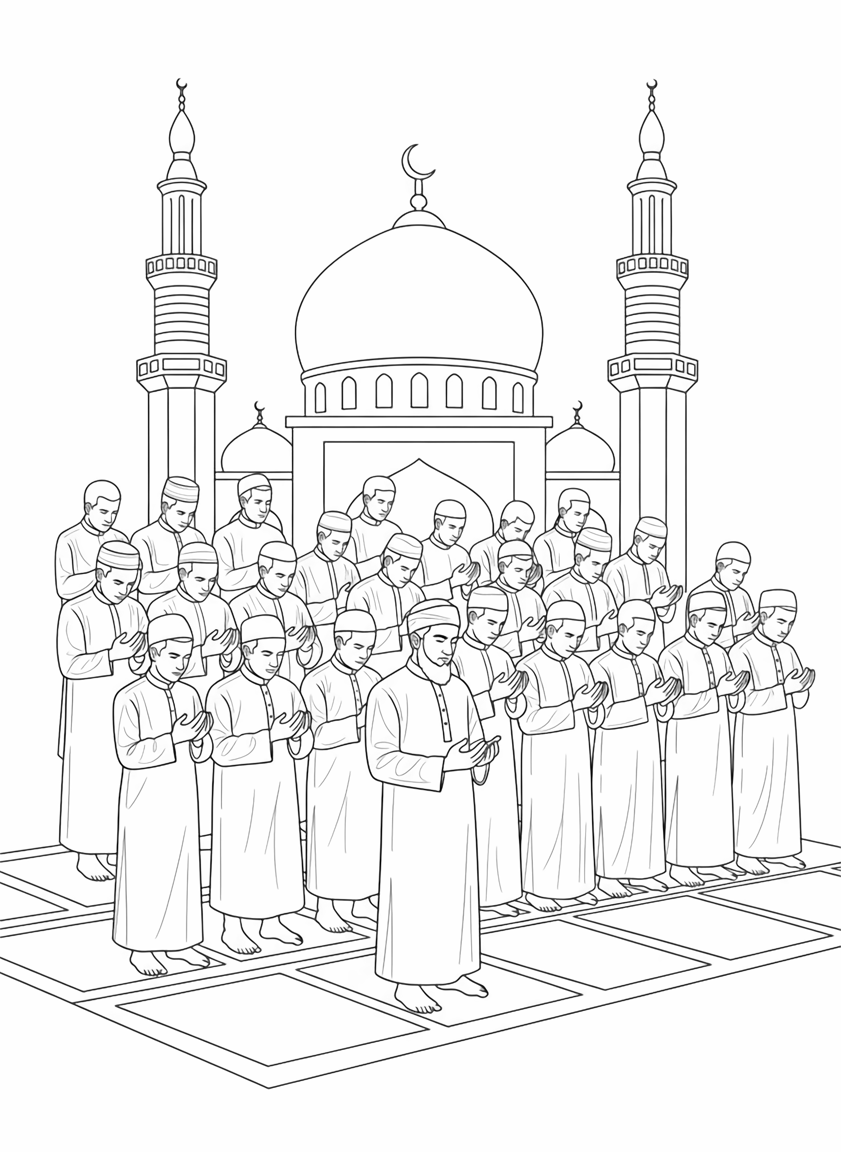 Mannen die bidden in de moskee met de imam die het gebed leidt. kleurplaat
