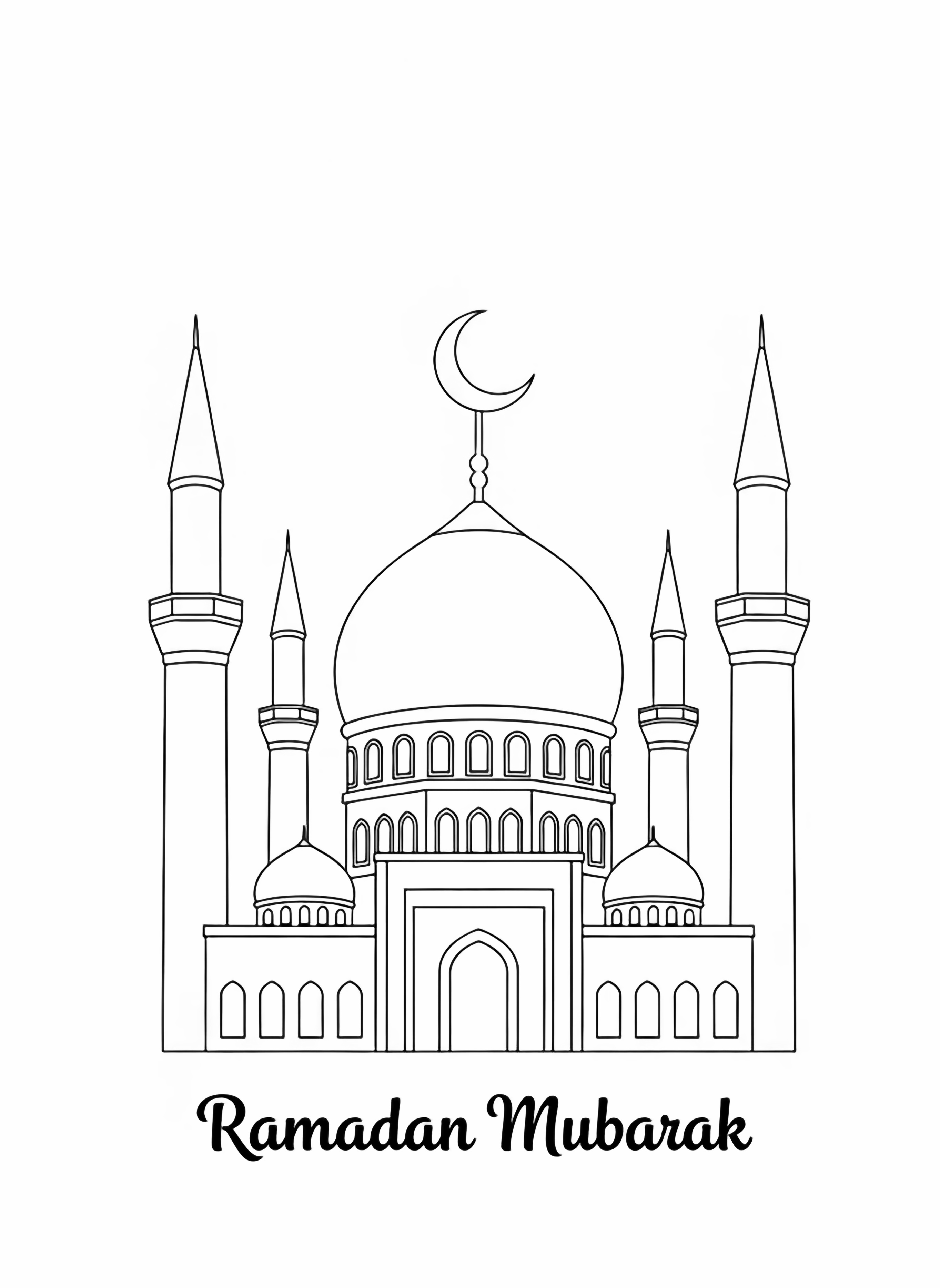 Detailed mosque with tall minarets, large dome, arched windows, and crescent moon kleurplaat