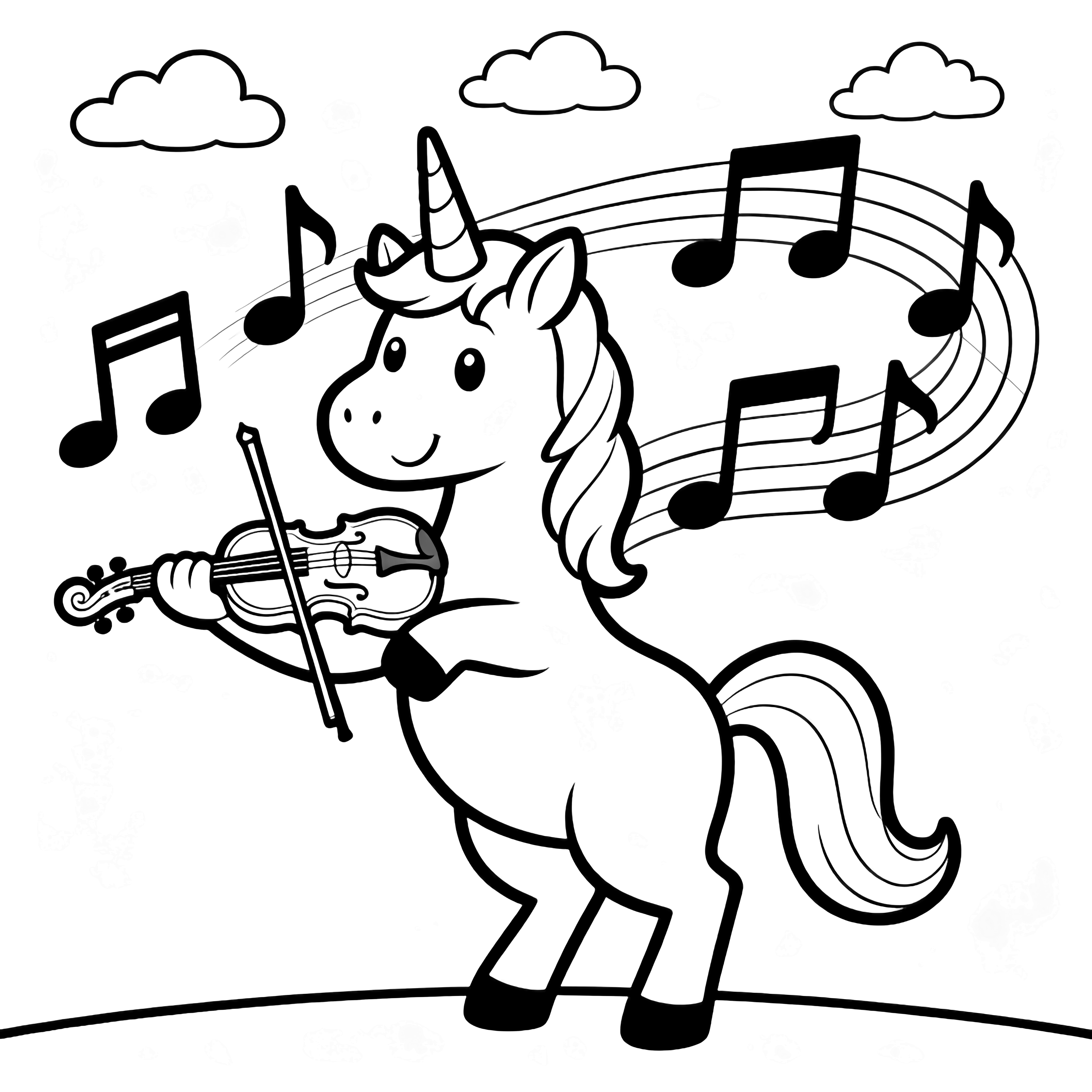 A smiling unicorn rears up, holding a tiny violin and bow; musical notes drift around its mane and tail, with a ground line and three small clouds above. kleurplaat