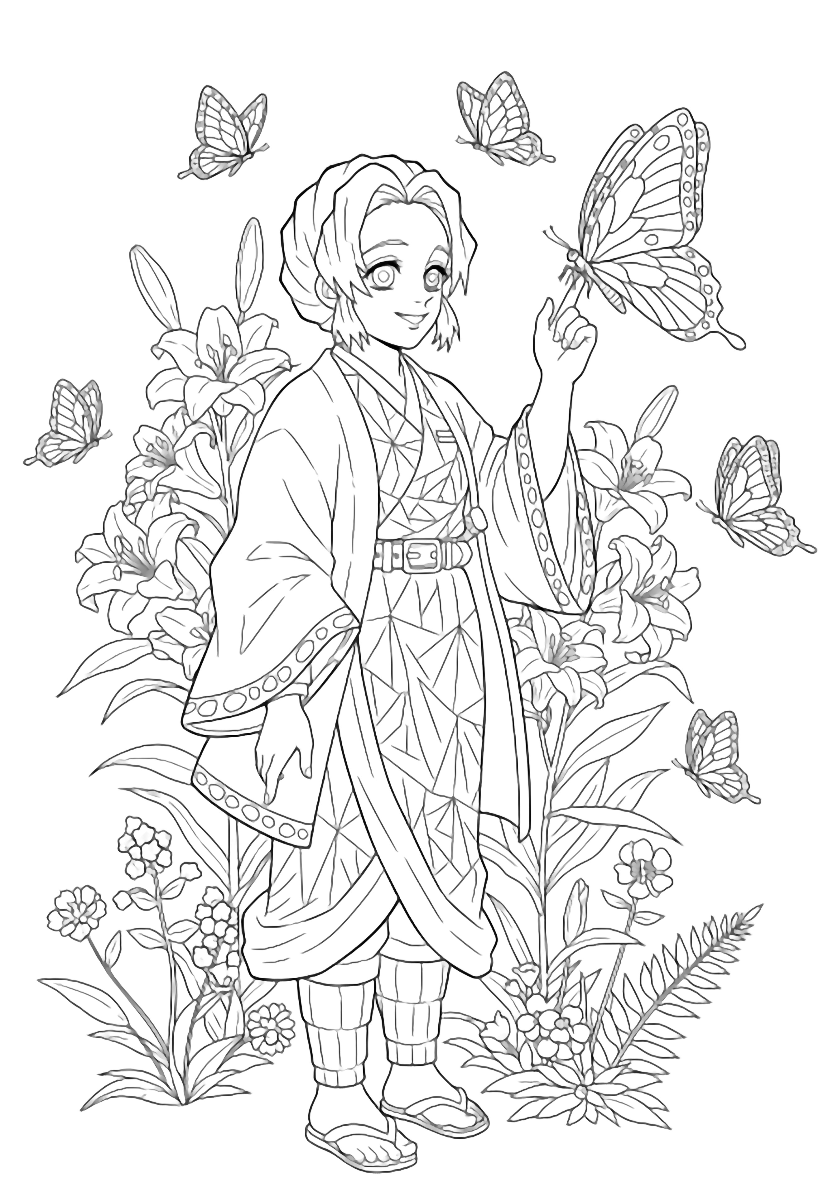 Shinobu smiles amid tall lilies, a butterfly on her fingertip, more butterflies and garden plants surrounding her. kleurplaat