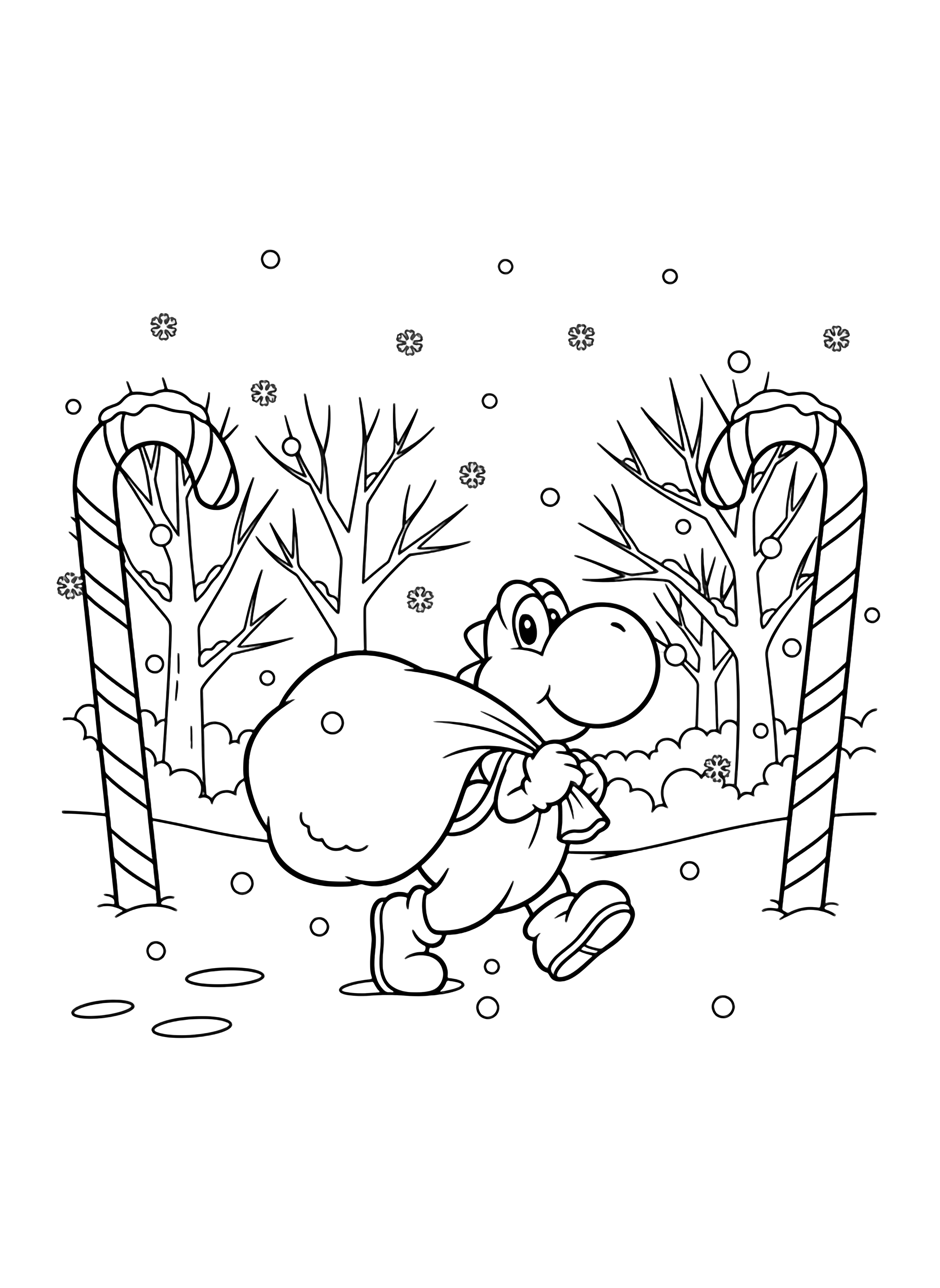 Yoshi carries a giant gift-bag across snowy ground, candy-canes lining the path, bare trees and drifting snowflakes around him. kleurplaat