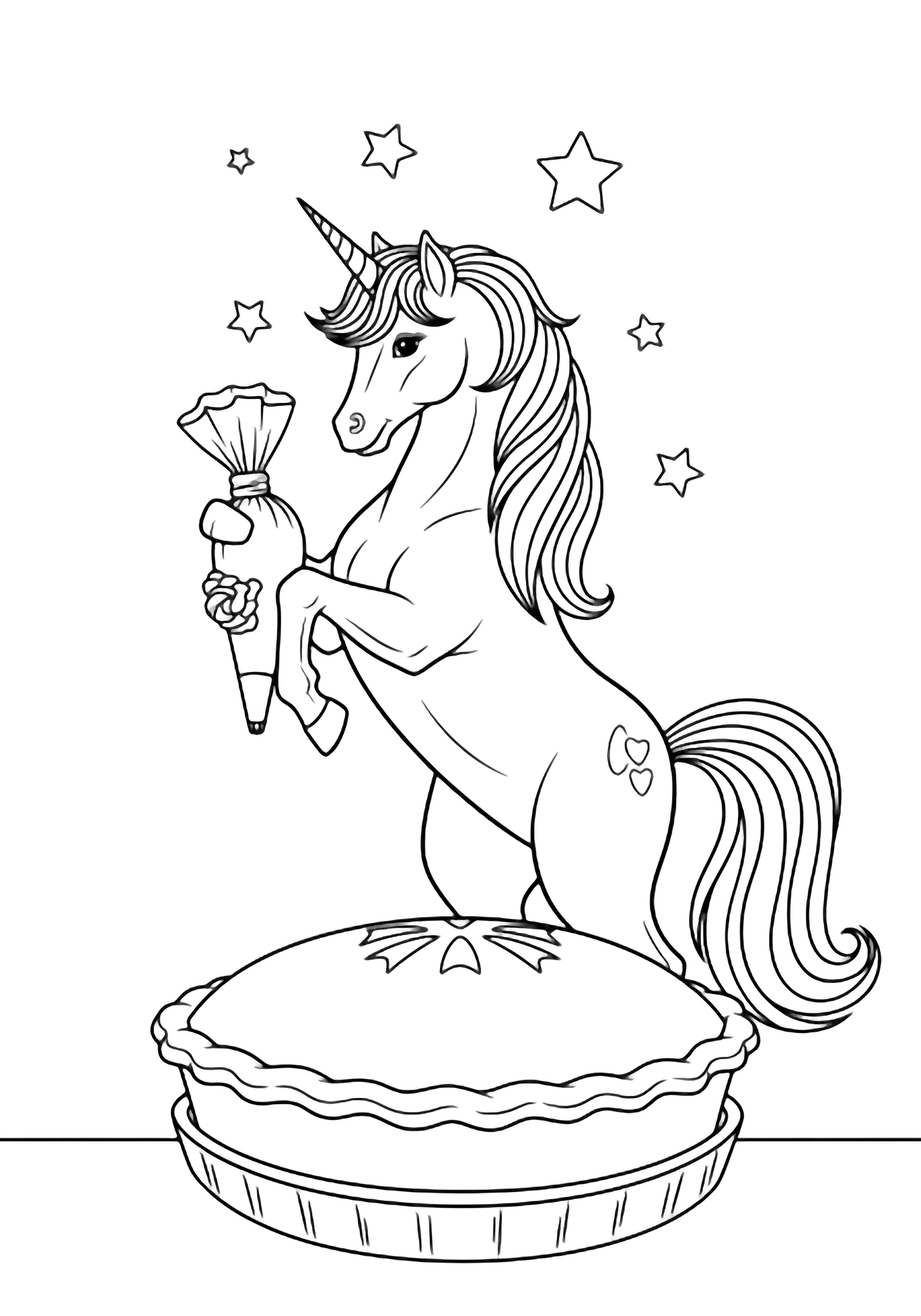 Unicorn rears up, mane flowing, holding a piping bag over a huge pie while simple stars drift around. kleurplaat