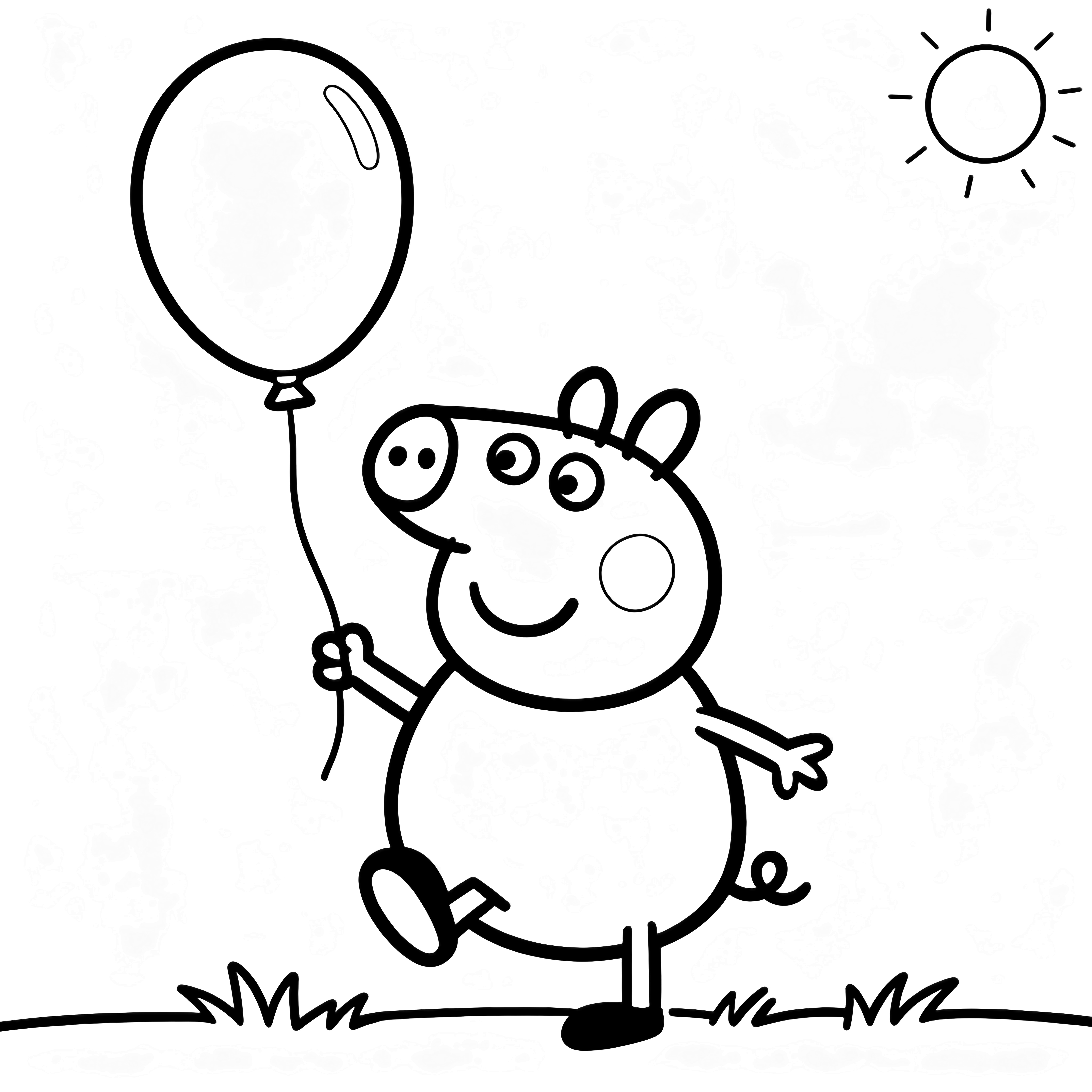 Smiling George Pig waves one hoof while holding a big balloon on a string, standing on a grass line with a round sun in the corner. kleurplaat