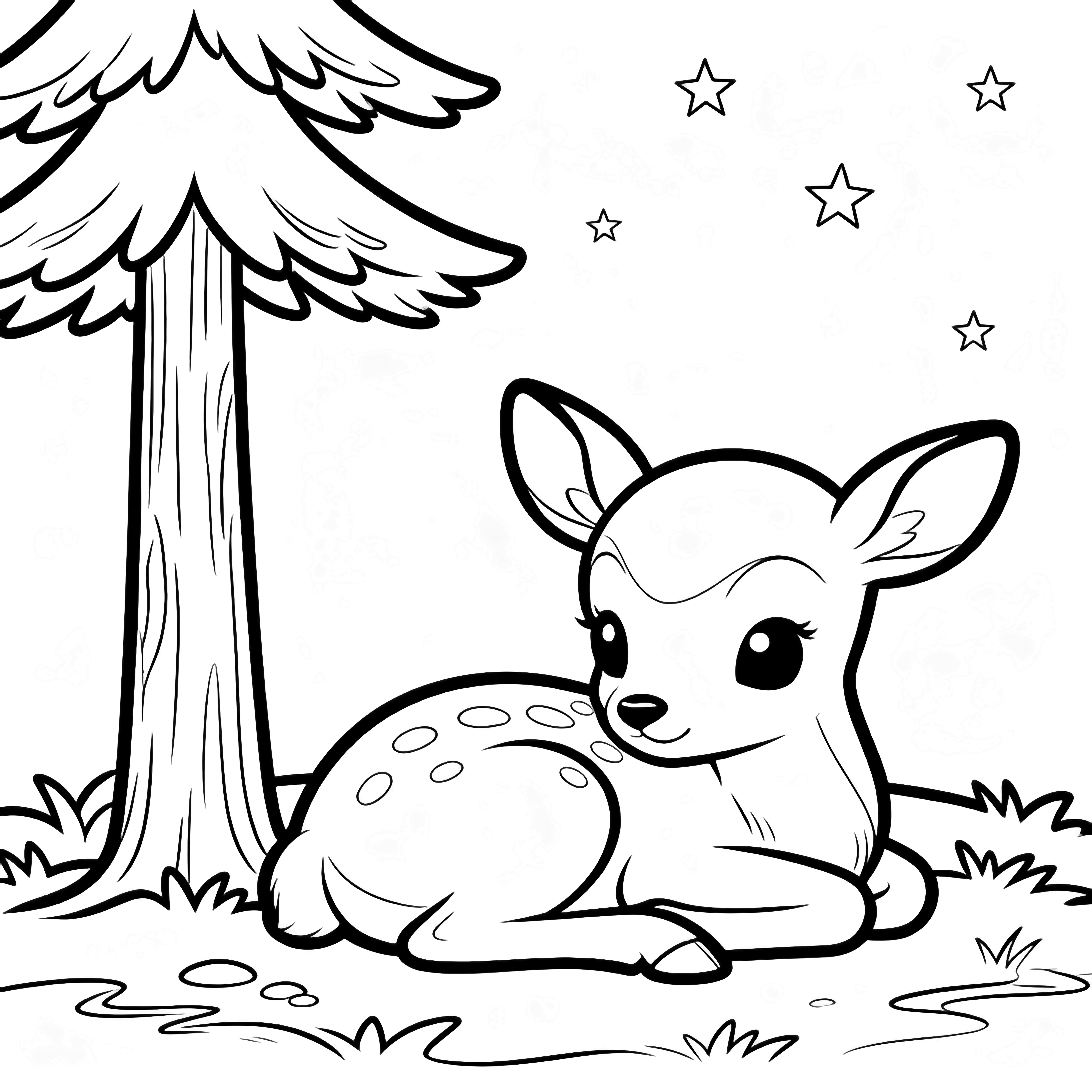 A sleeping fawn nestles against a pine on a forest floor sprinkled with tiny stars. kleurplaat