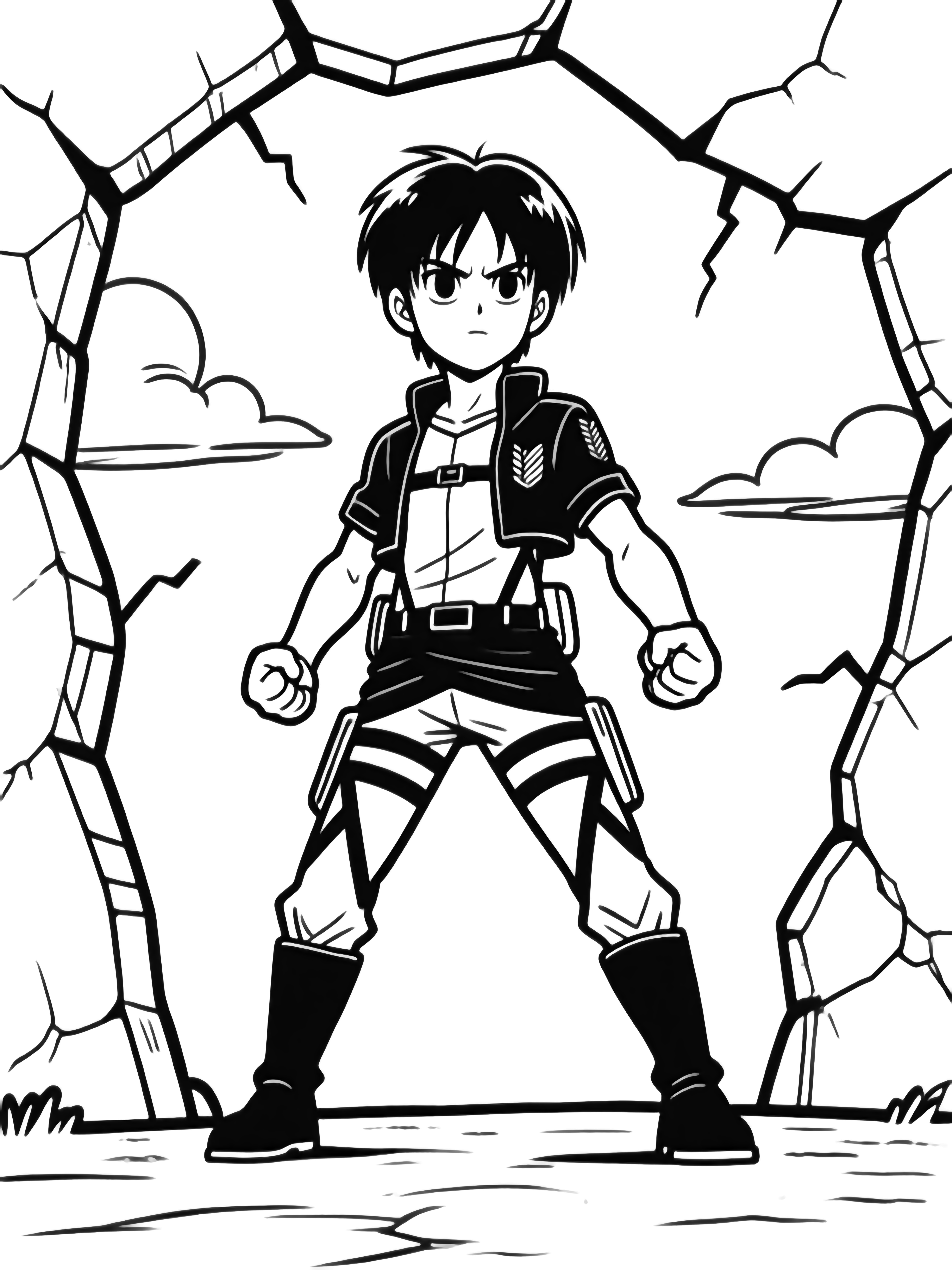 Eren stands with clenched fists, boots apart, staring ahead; jagged wall cracks frame him, clouds drift beyond, simple ground line below. kleurplaat