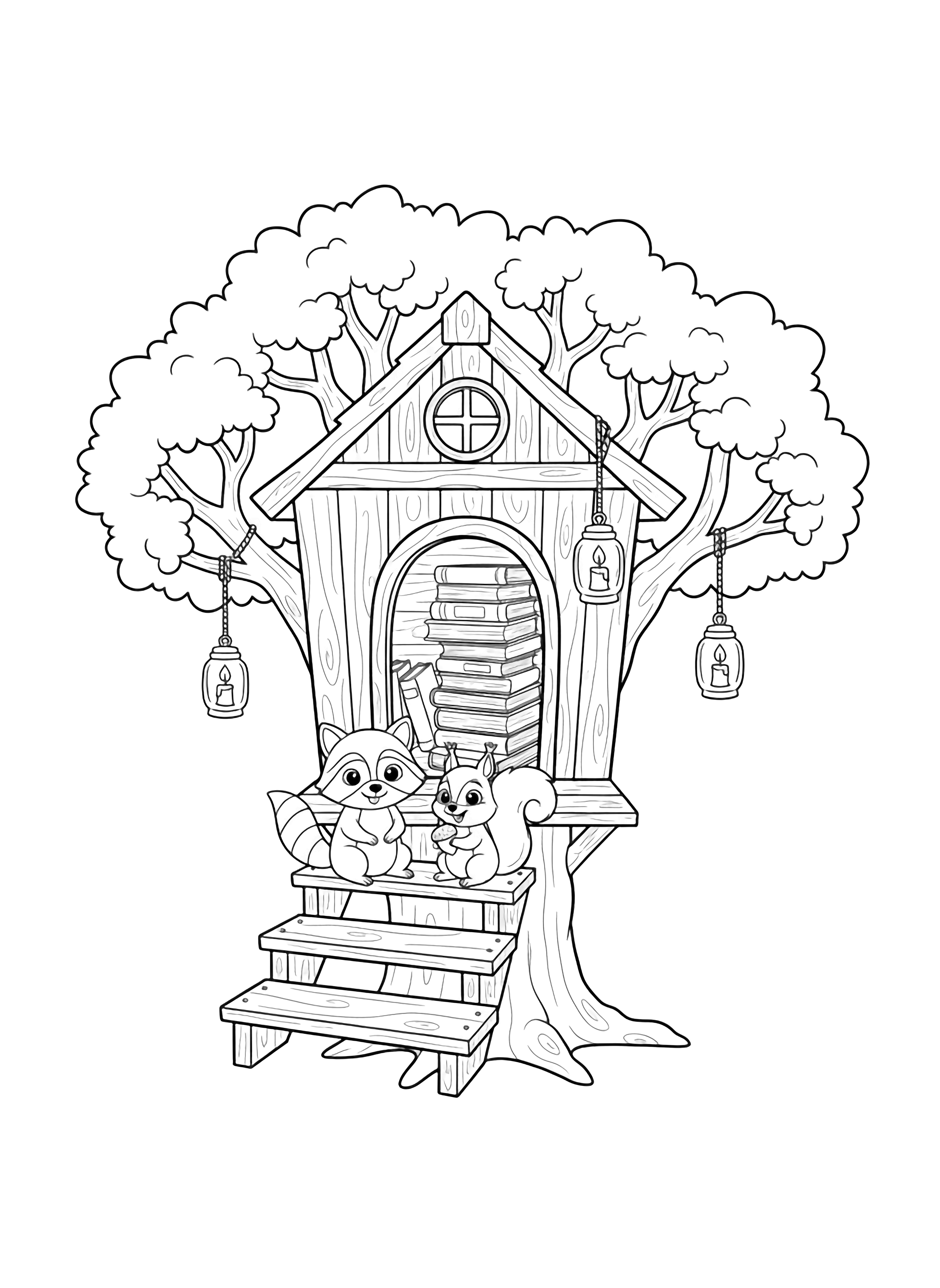 A treehouse in leafy branches, open door revealing stacked books and glowing lanterns; a raccoon and squirrel smile on broad wooden steps. kleurplaat