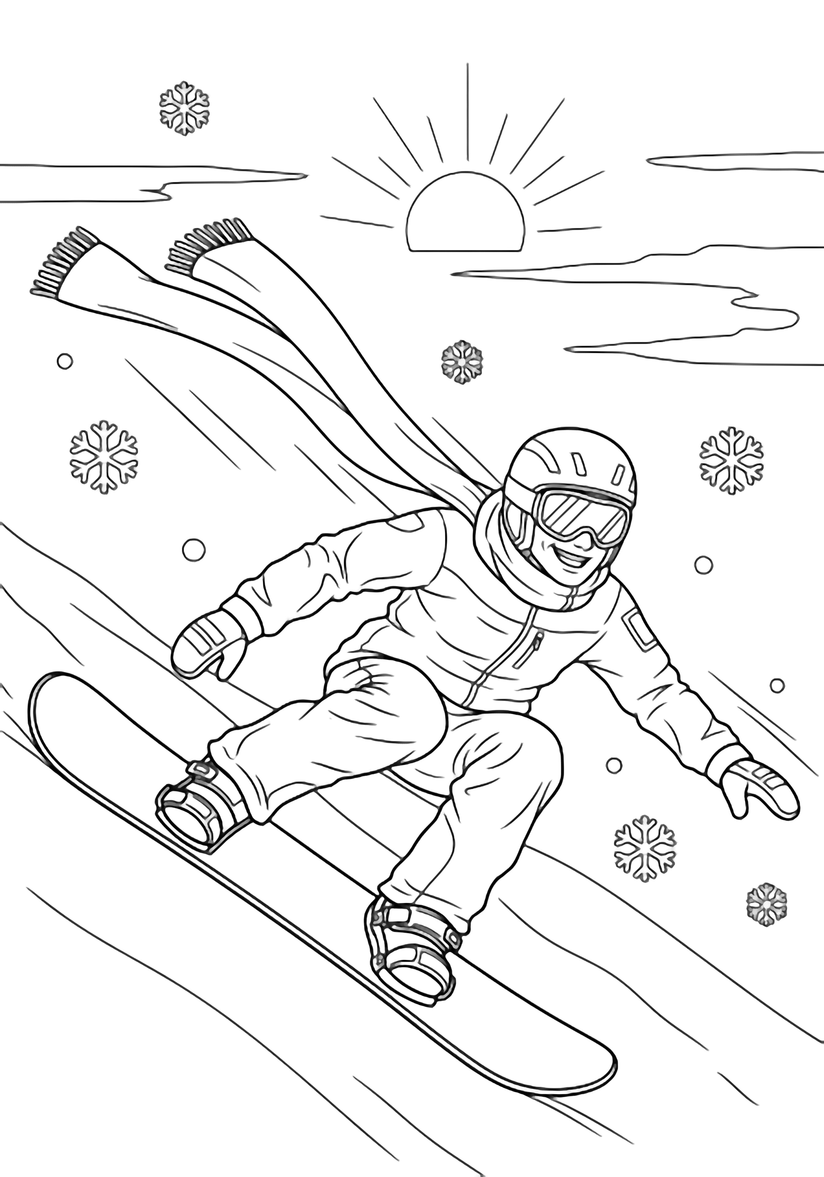 Een glimlachende snowboarder leunt naar beneden, knieën gebogen, sjaal wapperend, op een eenvoudige helling met sneeuwvlokken en een opkomende zon. kleurplaat