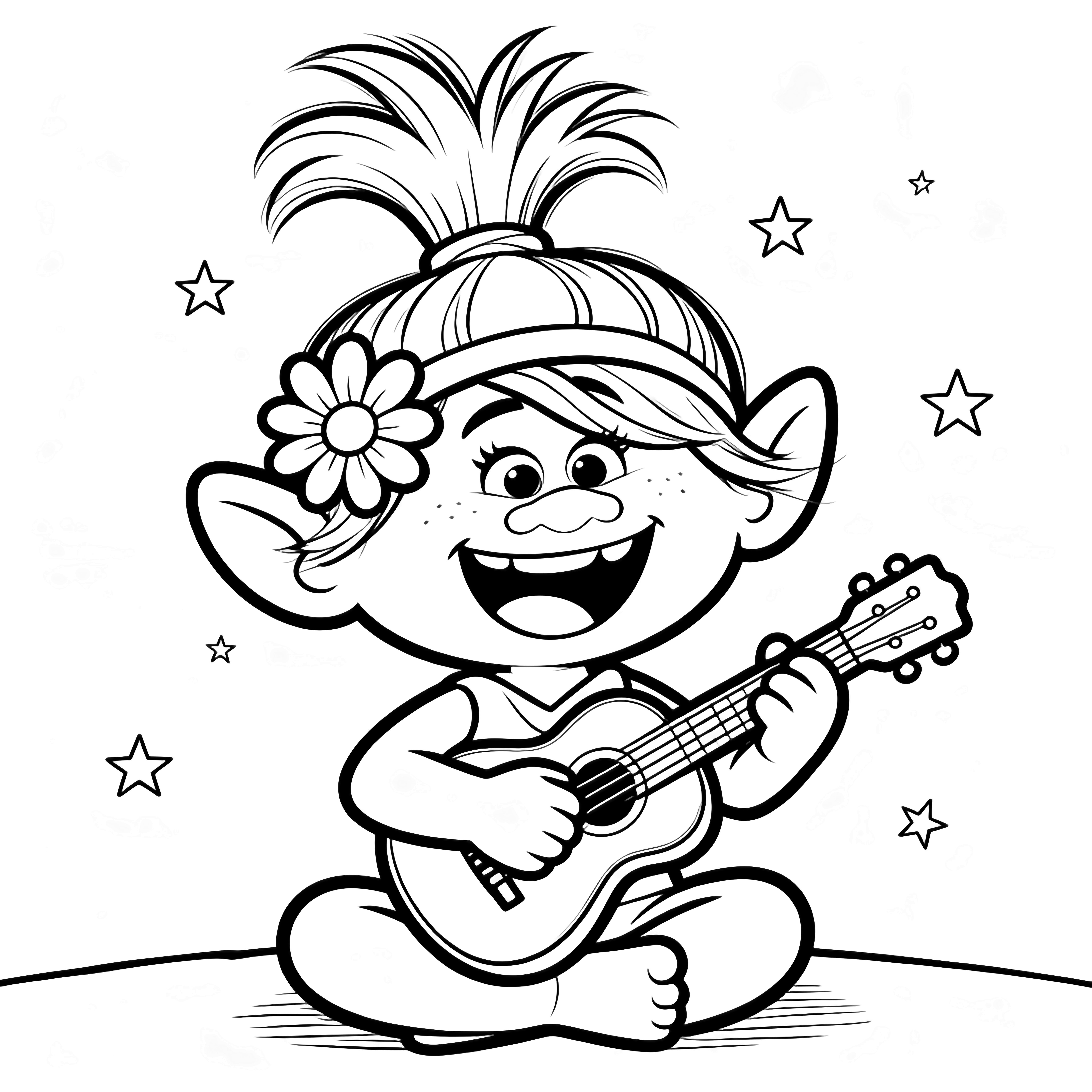 Troll Poppy sits cross-legged with a huge grin, perky updo, daisy behind ear, holding a ukulele while tiny stars float around. kleurplaat