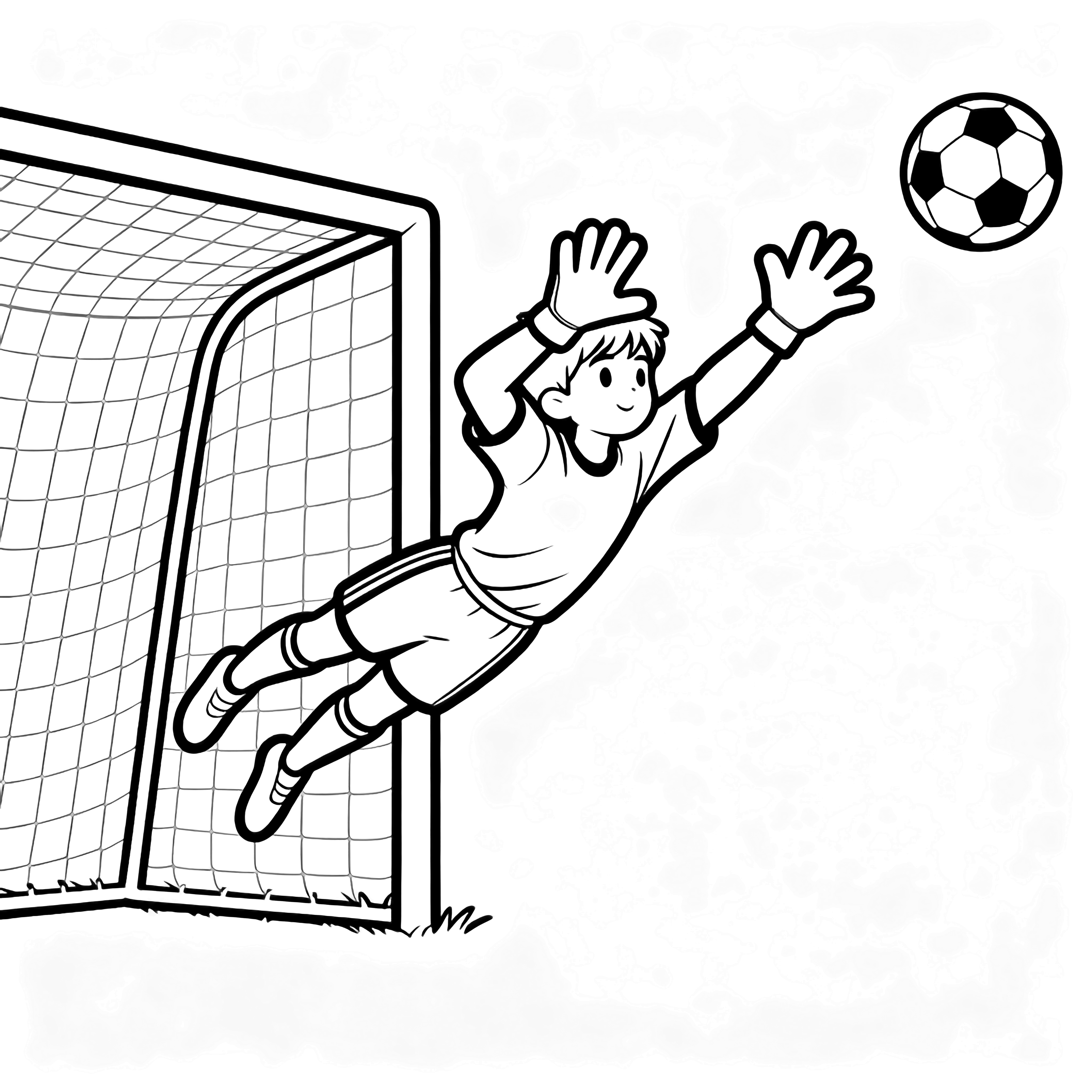 Young goalkeeper leaping sideways, arms outstretched, body arched, as a soccer ball flies toward the open goal. kleurplaat
