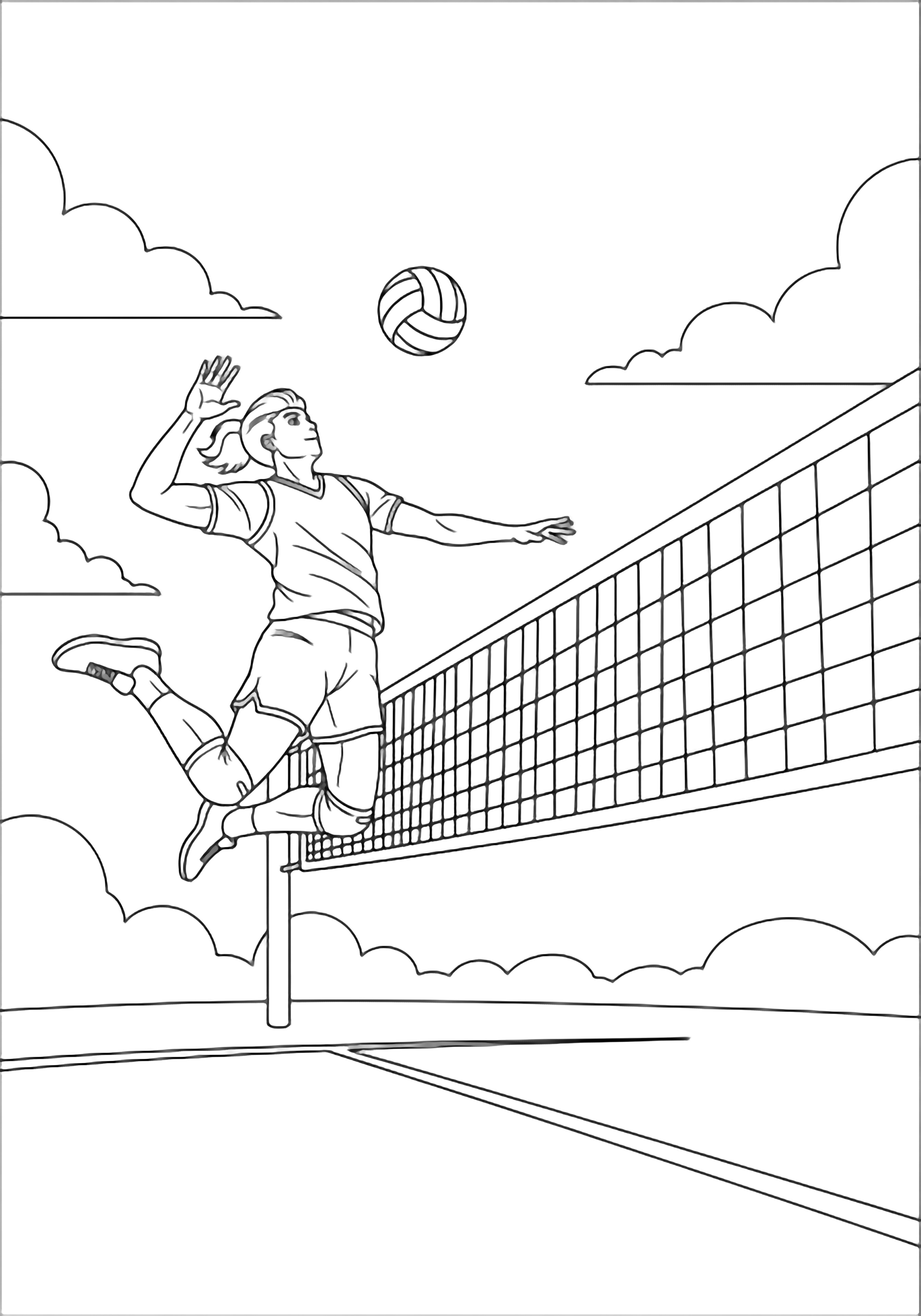 Athlete leaping high, arm swung back to smash volleyball above wide net, simple court lines, cloud puffs behind kleurplaat