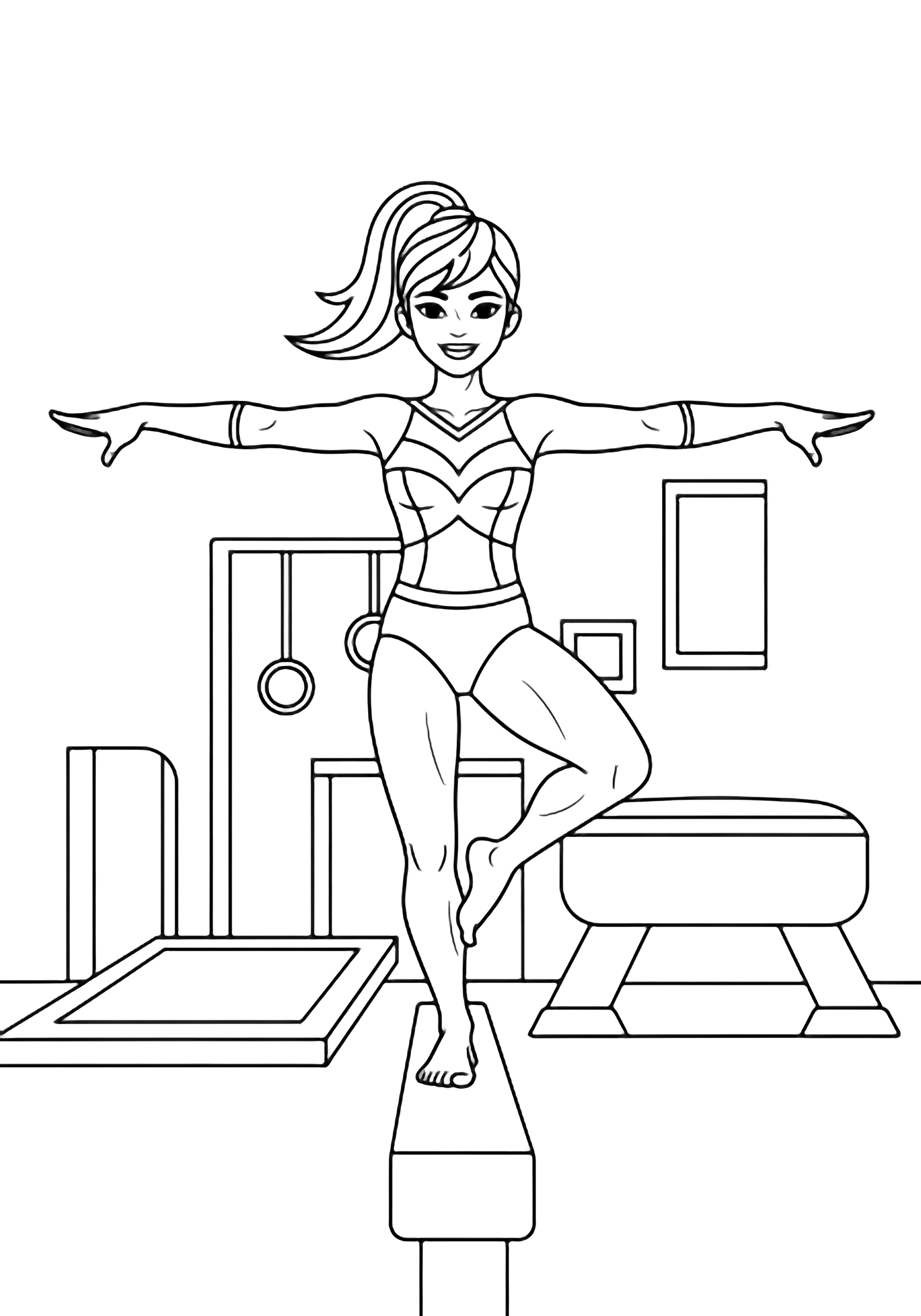 Smiling gymnast balances on one foot atop a beam, arms out, ponytail flowing; simple gym equipment behind. kleurplaat