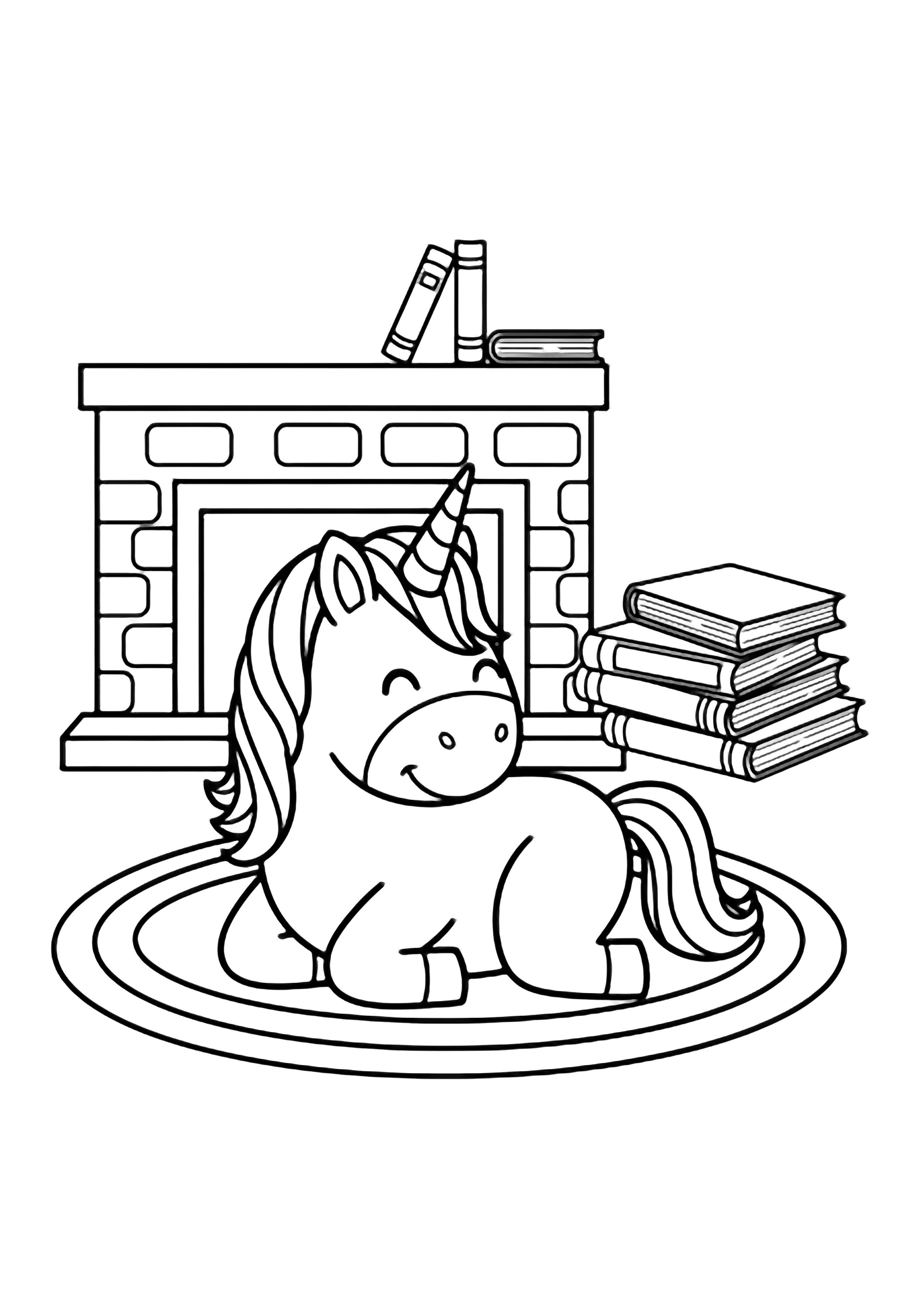 A smiling unicorn relaxes on a rug in front of a brick fireplace; three open books sit stacked below a small shelf holding another book. kleurplaat