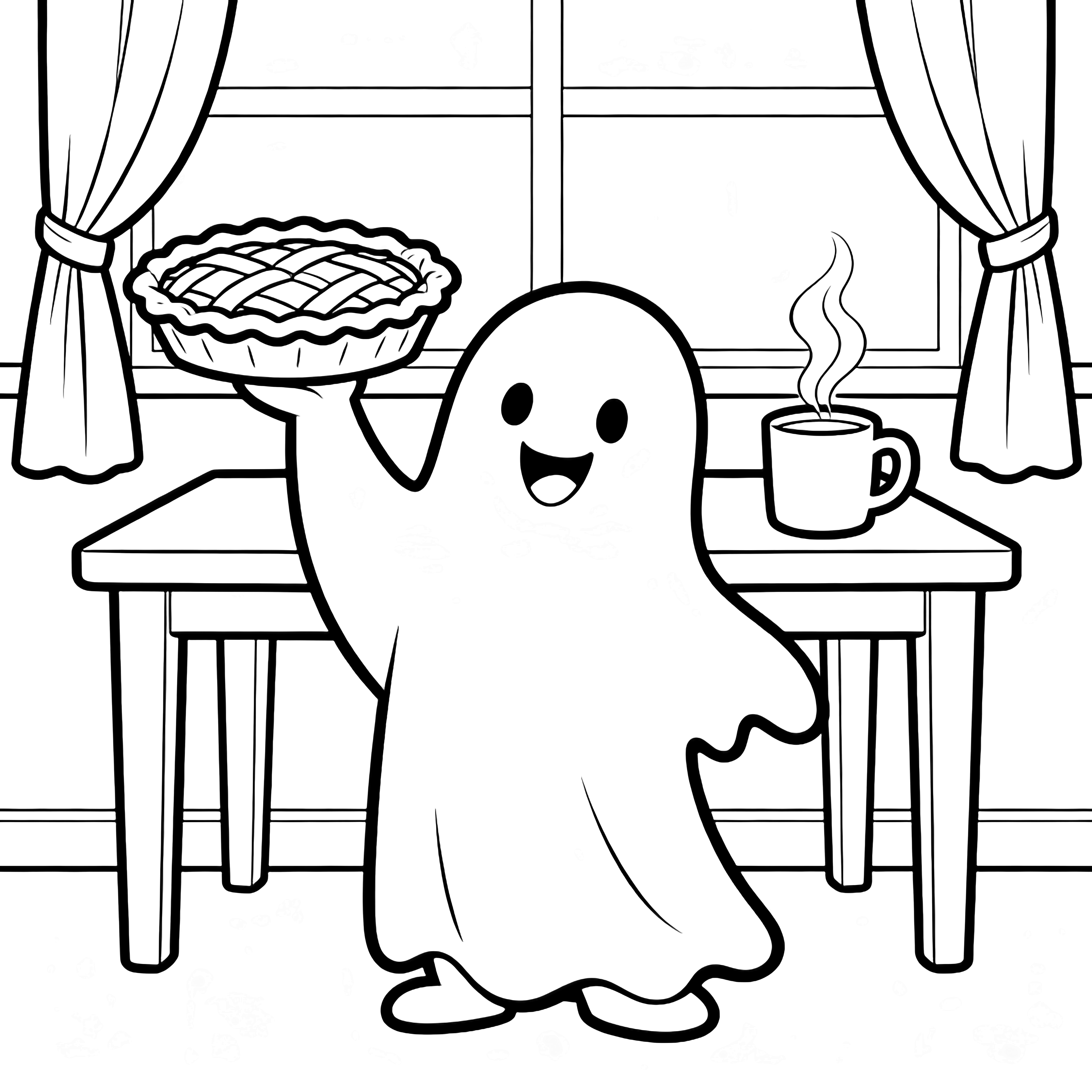 A tiny ghost lifts a pumpkin pie triumphantly beside a steaming mug and checked curtains. kleurplaat