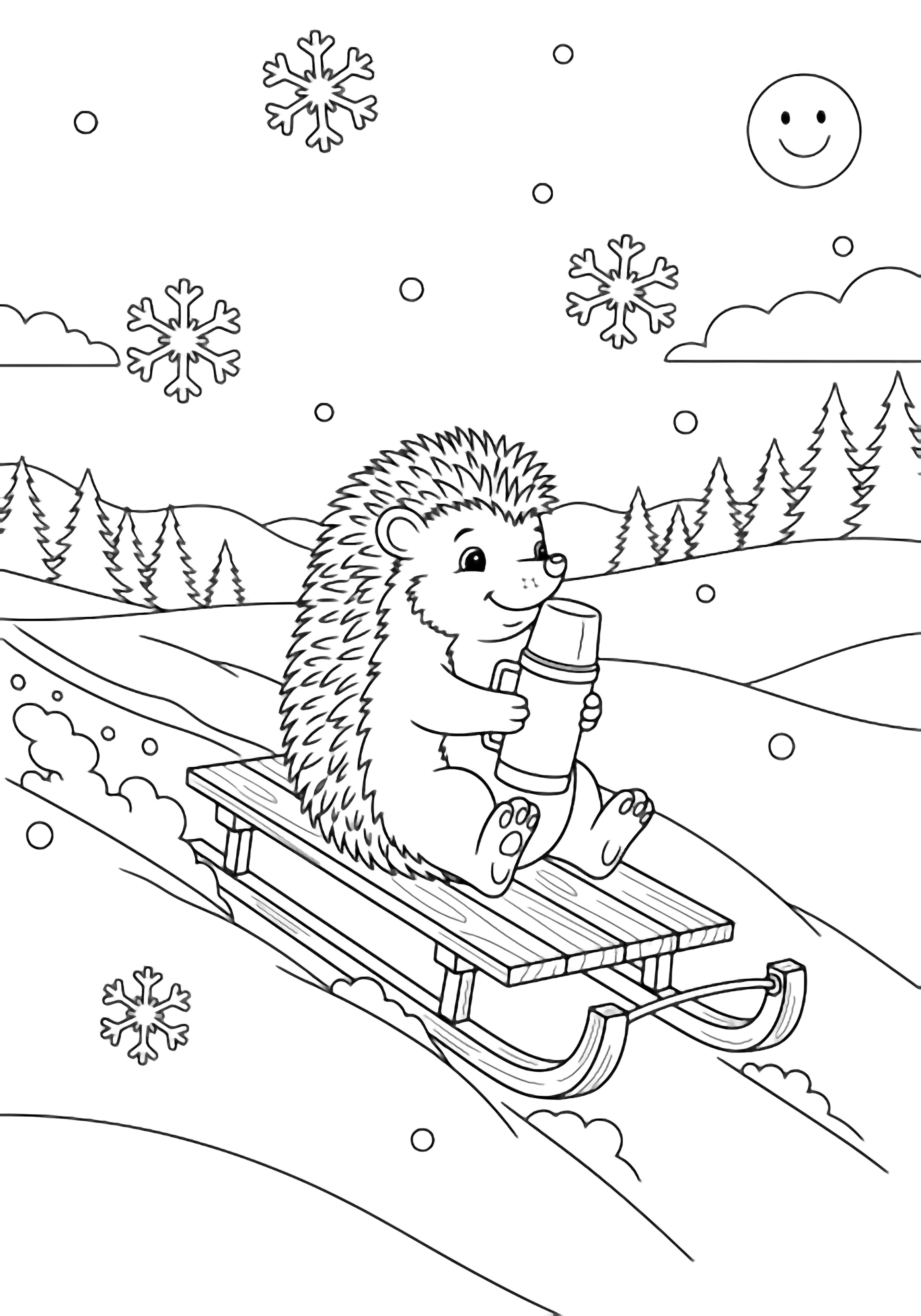A cheerful hedgehog rides a sled down gentle snowy hills, clutching a thermos, surrounded by snowflakes, distant pines, and a smiling sun. kleurplaat
