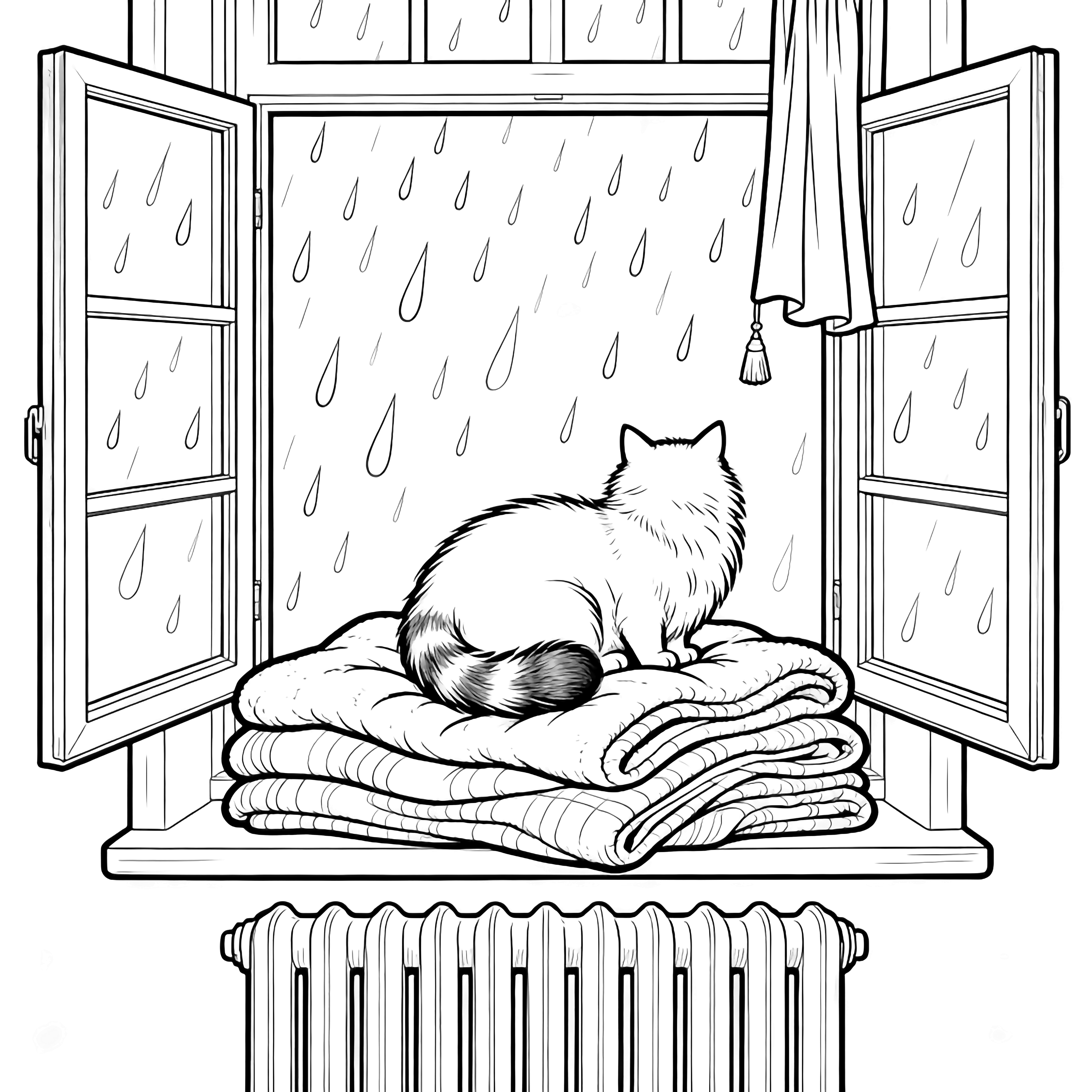 Fluffy cat with curled tail sits on layered blankets by open window, raindrops on panes, tiny curtain, radiator below. kleurplaat