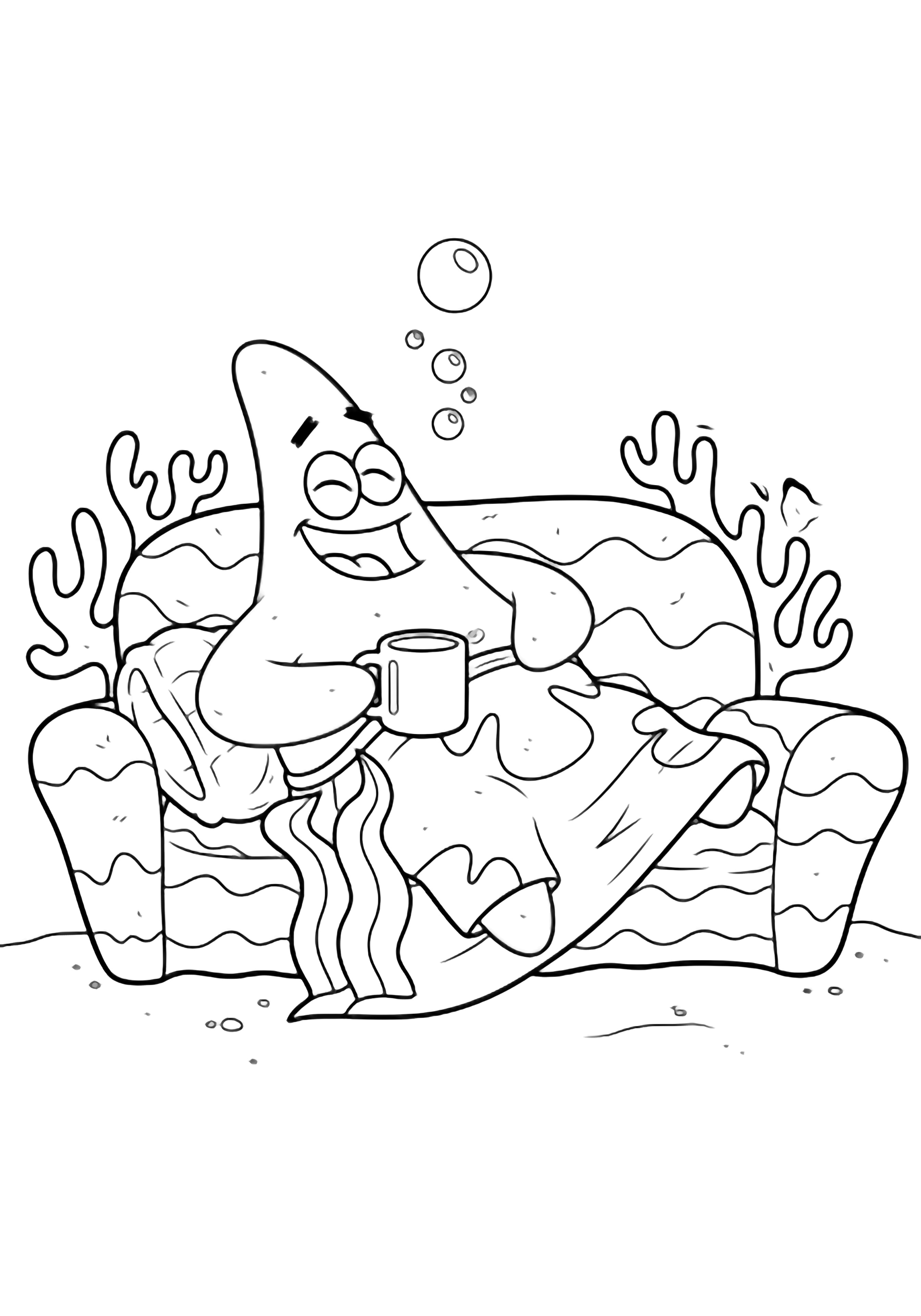 Patrick Star lounges on a wavy coral couch, seaweed blanket over him, holding an empty mug; bubbles float above a sandy floor. kleurplaat