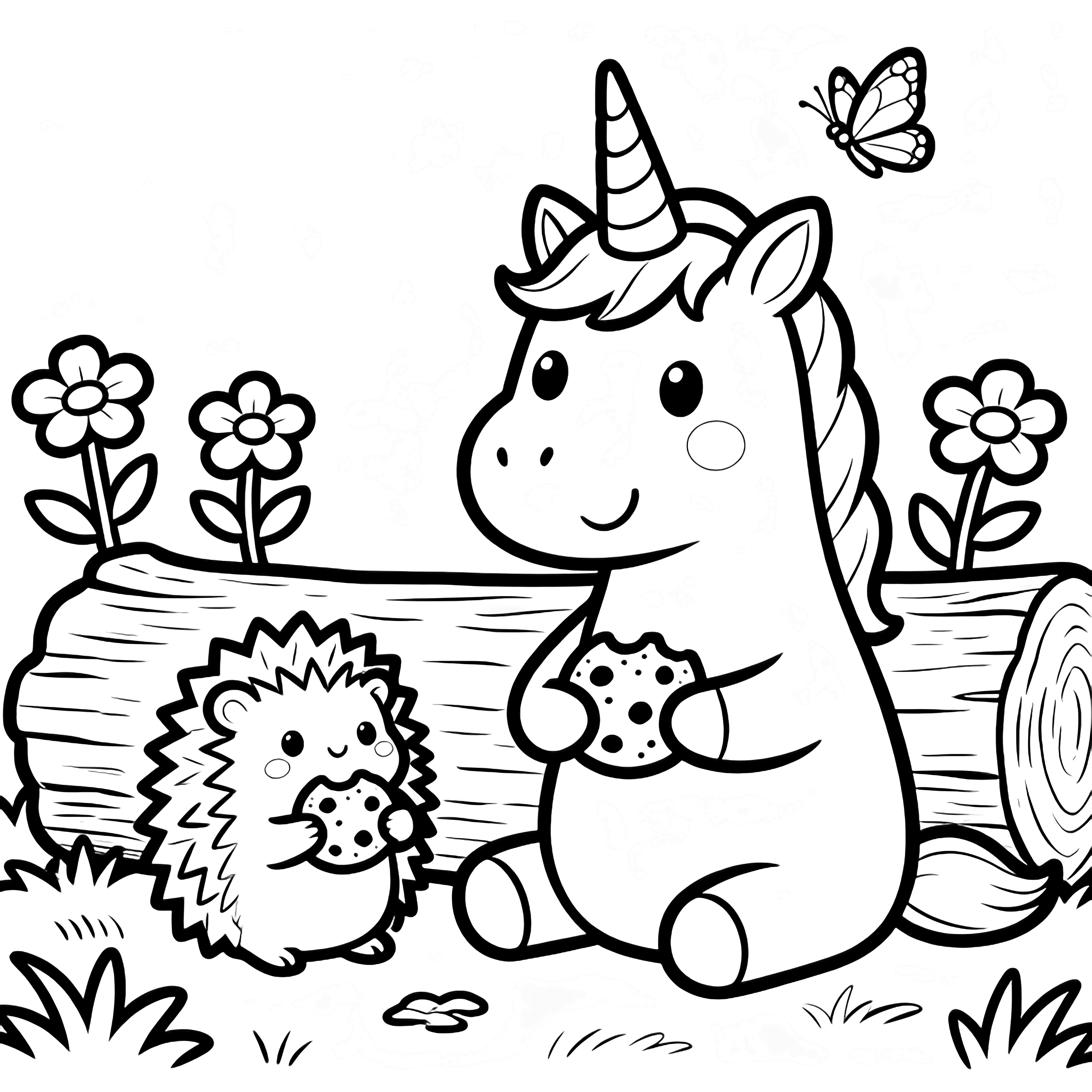 A smiling unicorn and a tiny hedgehog share a cookie on the forest floor; a log, three flowers, and a butterfly complete the scene. kleurplaat