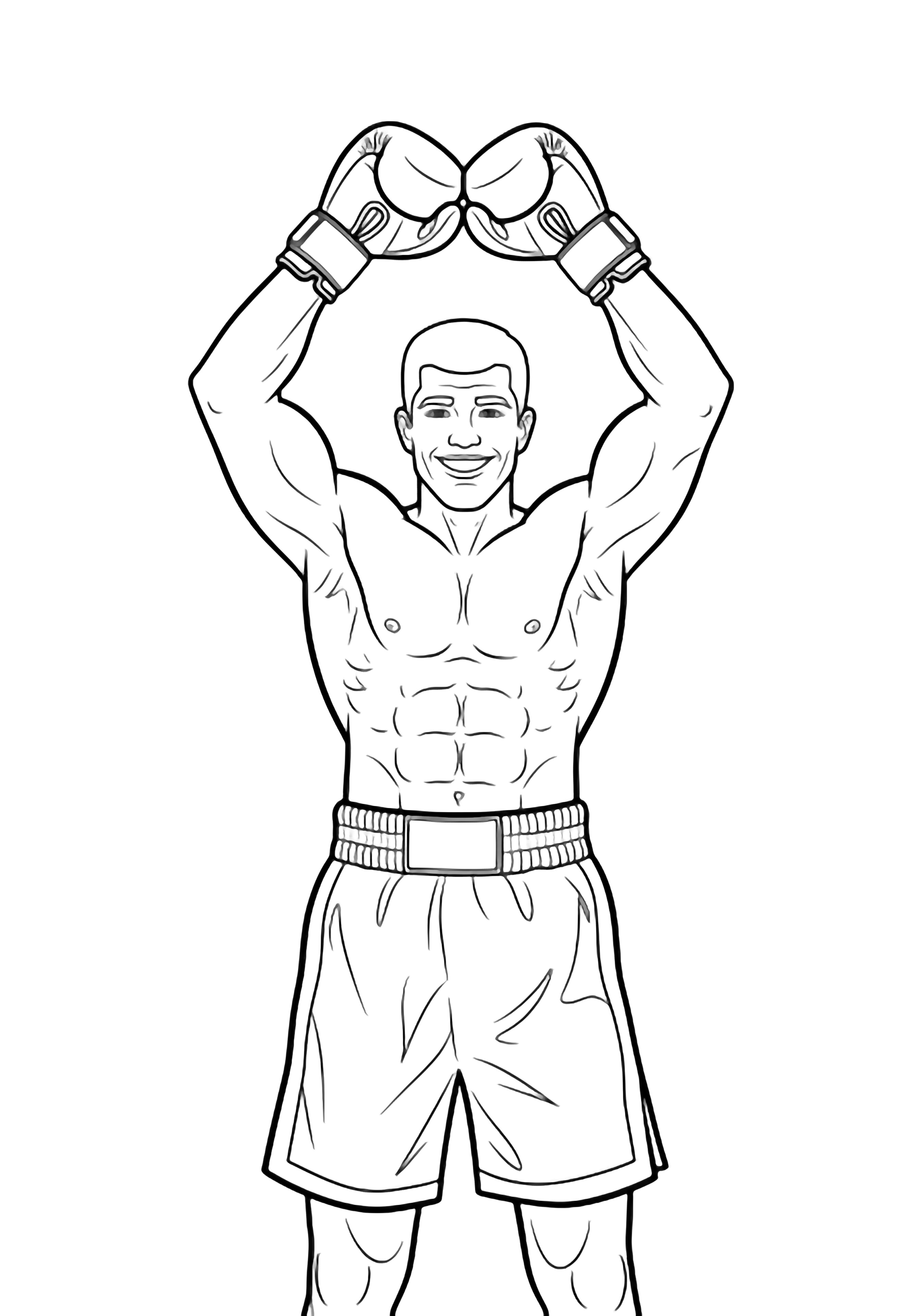 A triumphant boxer stands with raised, gloved fists touching, muscular arms and shorts outlined in bold, smooth lines against an empty white space. kleurplaat