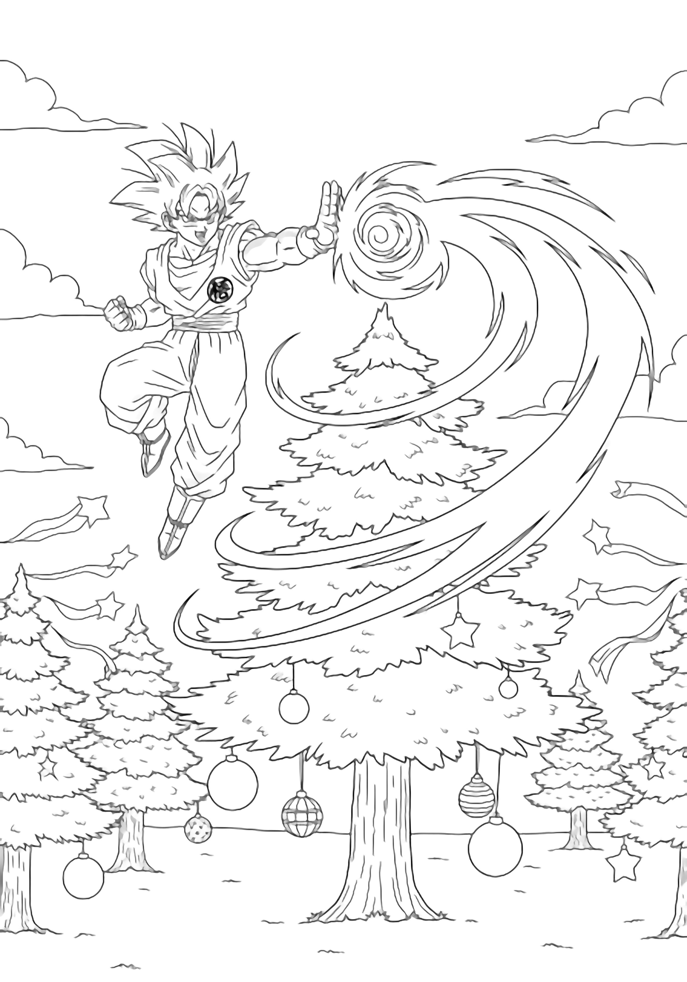 Goku, spiky hair and gi, hovers mid-air, one palm blasting a spiraling Kamehameha around a pine tree while nearby evergreens await streamers, stars, and ornaments; faint clouds drift behind. kleurplaat