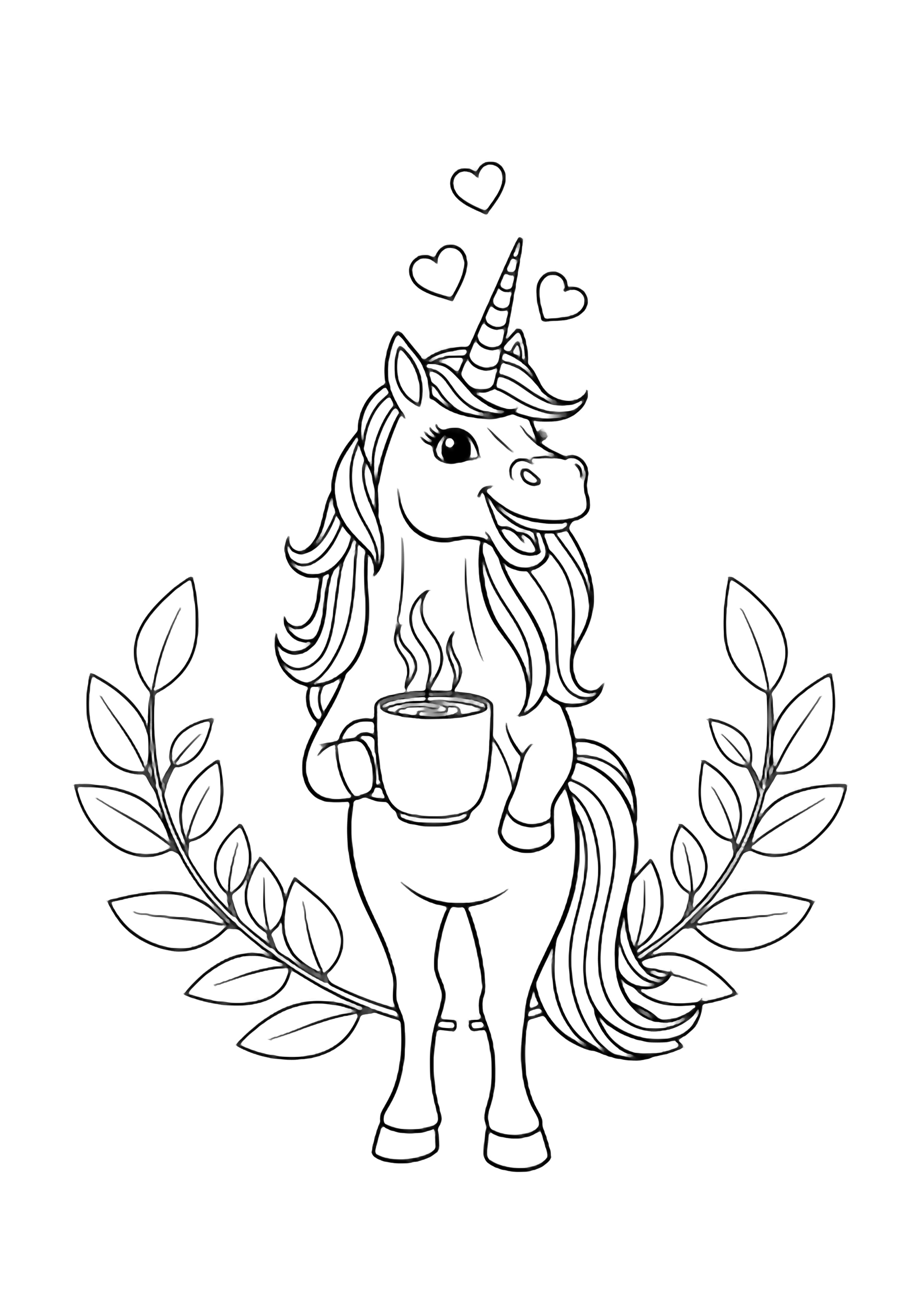 A smiling unicorn holding a big mug, simple hearts floating over its mane, encircled by large leaves. kleurplaat