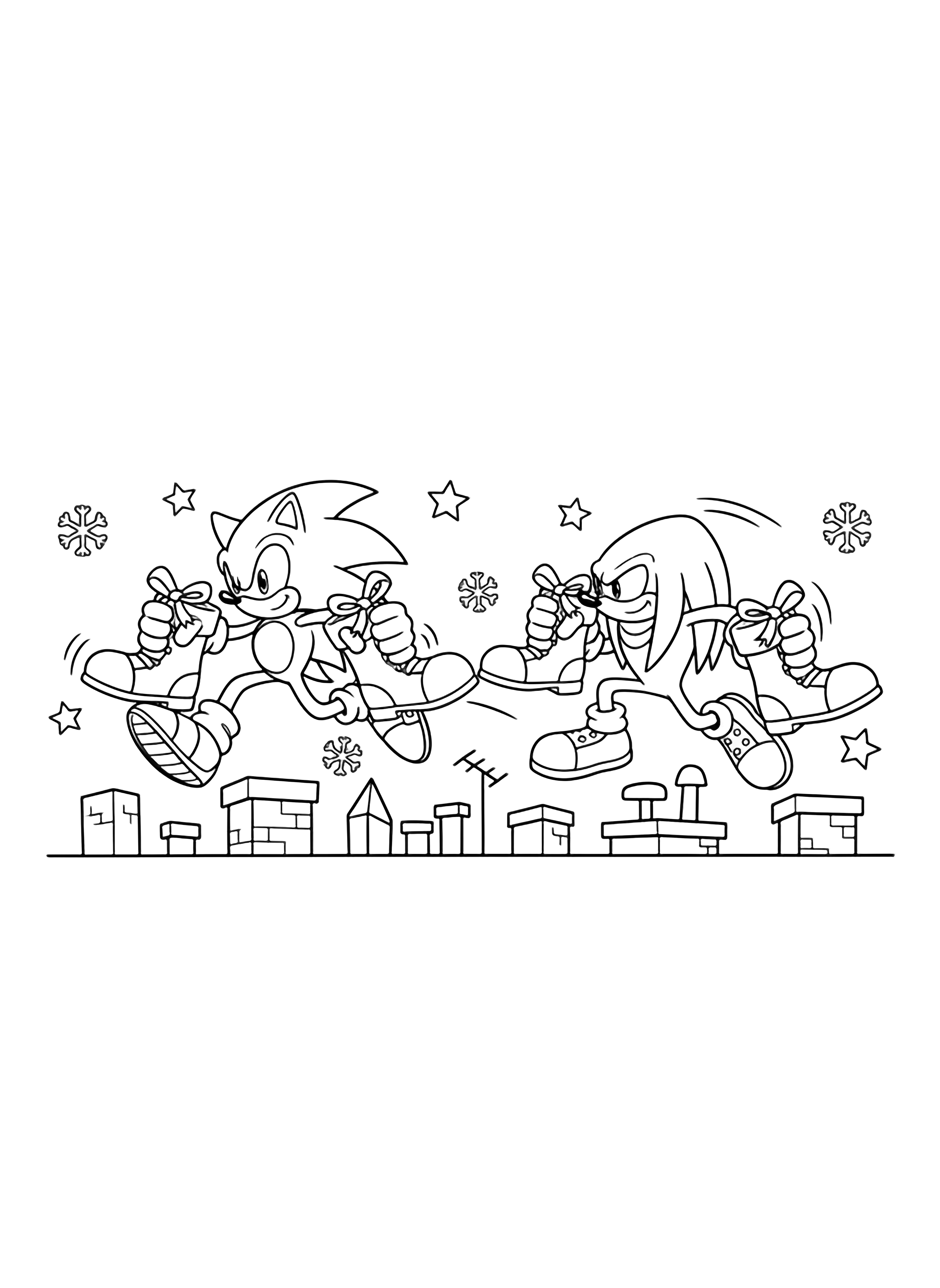 Sonic sprint naar links, Knuckels rent naar rechts over daken van de stad, allebei met enorme met linten omwikkelde laarzen in hun handen terwijl sneeuwvlokken en sterren om hen heen dwarrelen. kleurplaat