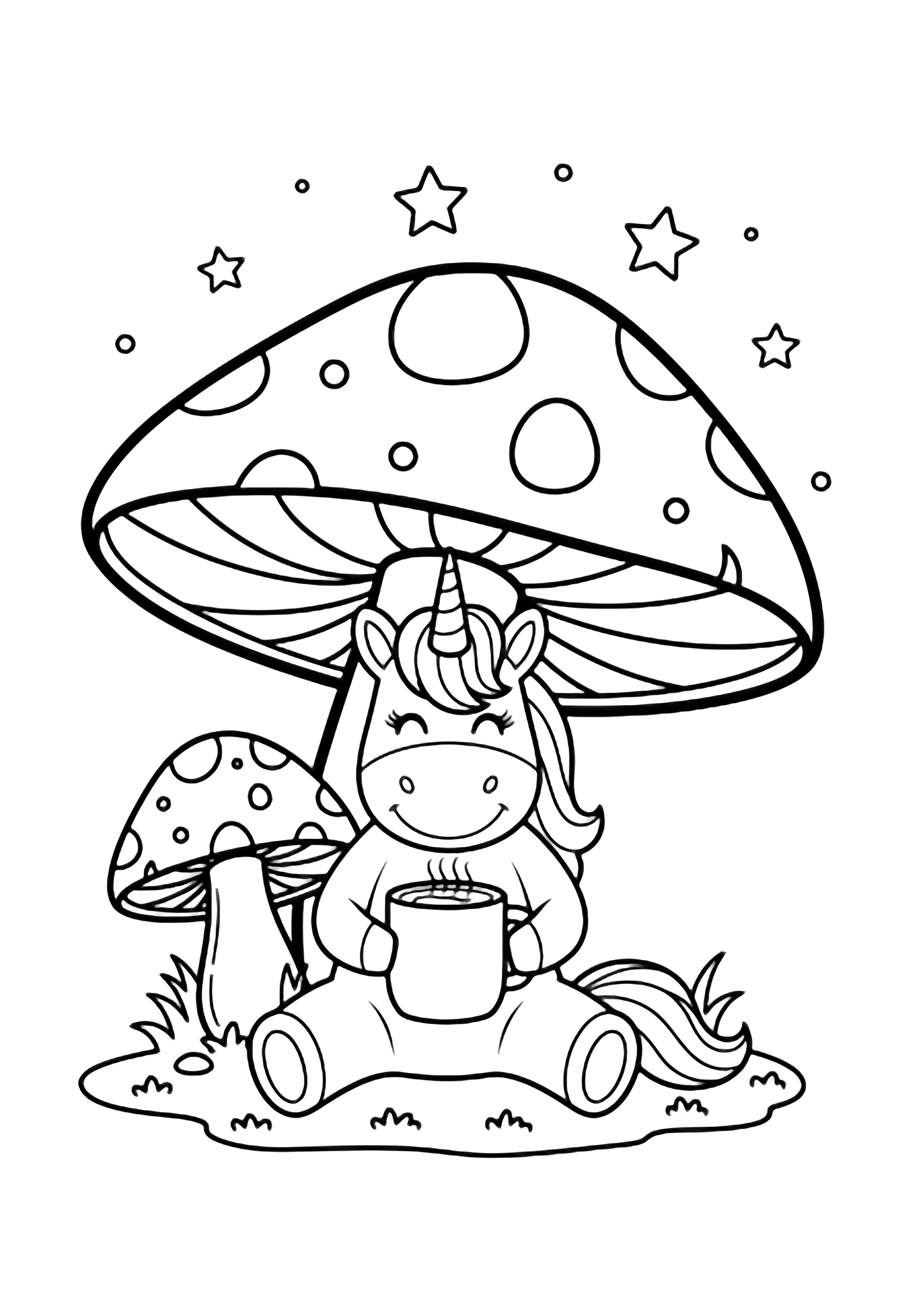 A smiling unicorn sits under a giant mushroom, holding a big mug; stars twinkle above. kleurplaat