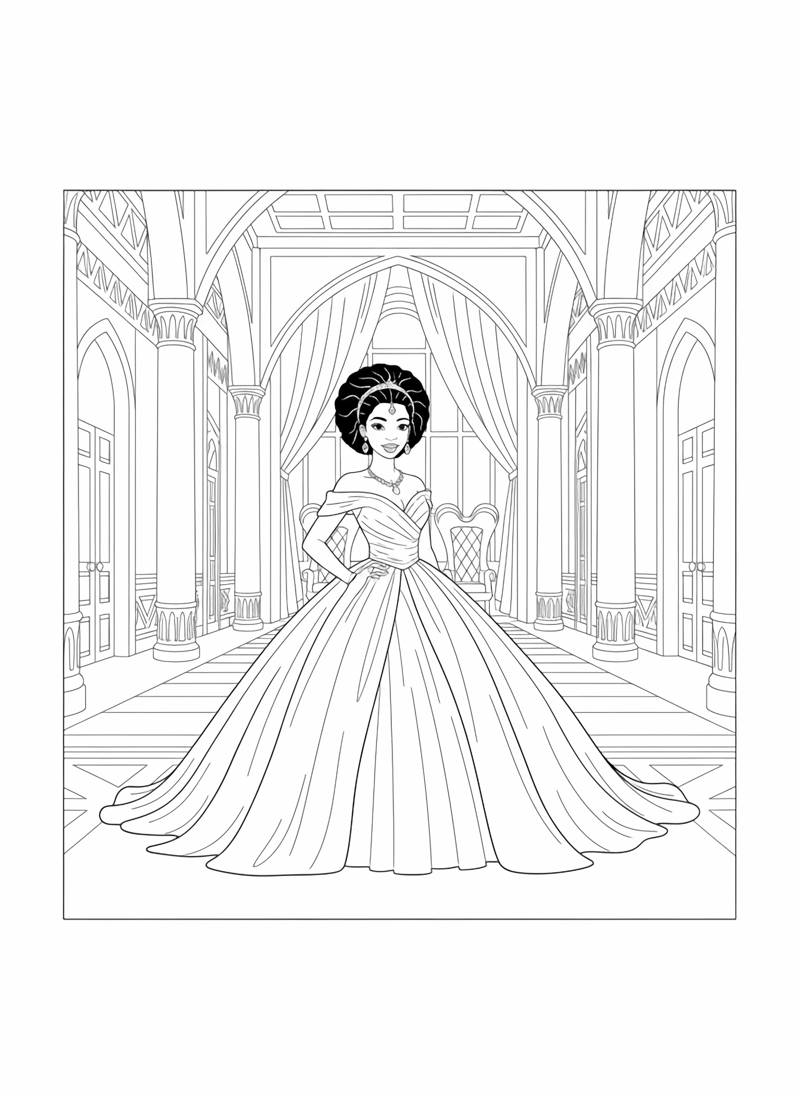 A black and white page featuring an African princess standing gracefully in the grand entrance hall of her magnificent palace She wears an elegant flowing gown with a voluminous skirt that spreads out in beautiful folds around her feet Her dress has no patterns allowing for creative choices She has a radiant smile and wears a clean black and white line drawing minimal shading no colour no fill kleurplaat