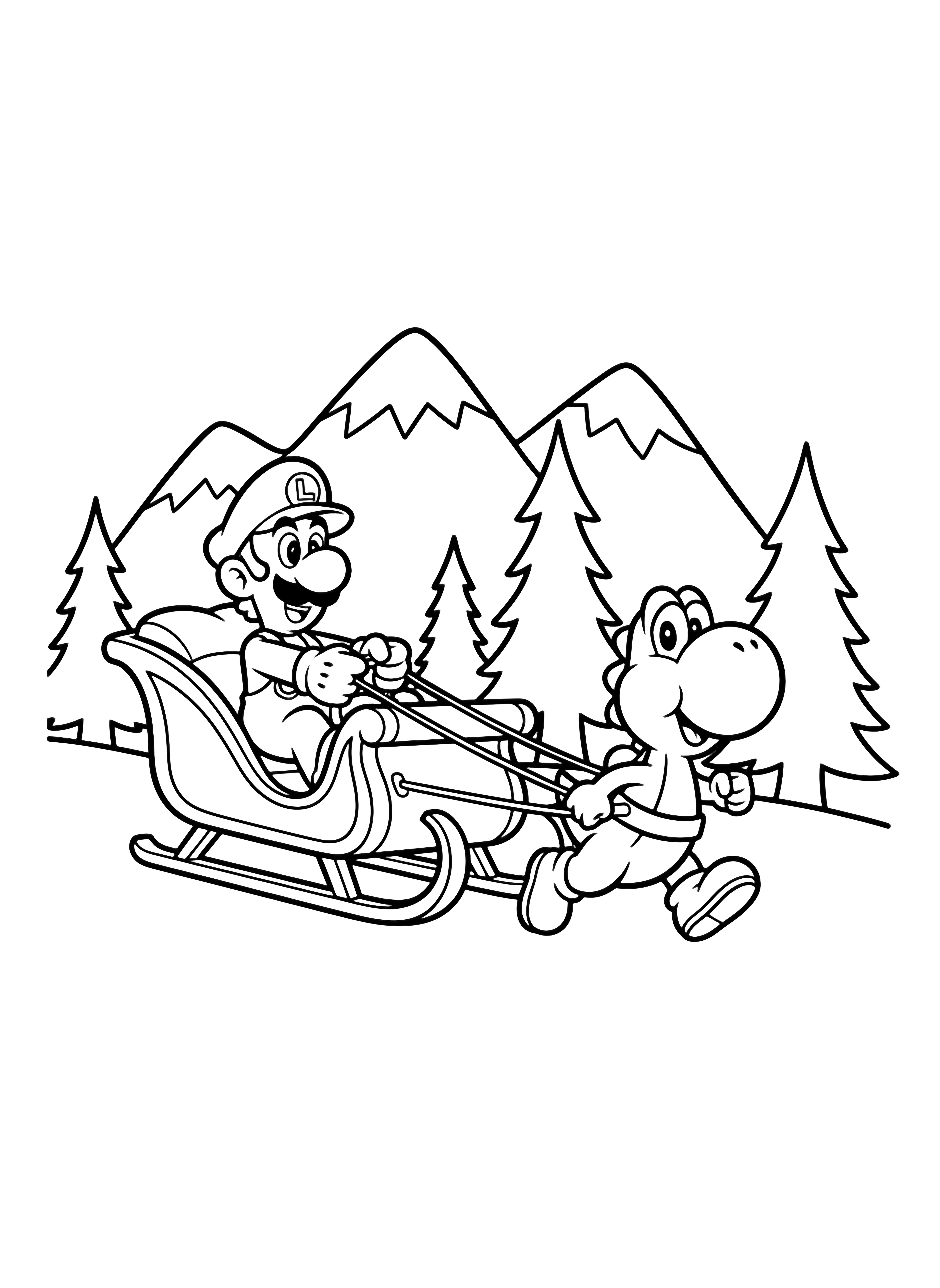 Luigi in a sleigh holding reins while Yoshi trots ahead, snowy peaks and pine silhouettes behind. kleurplaat