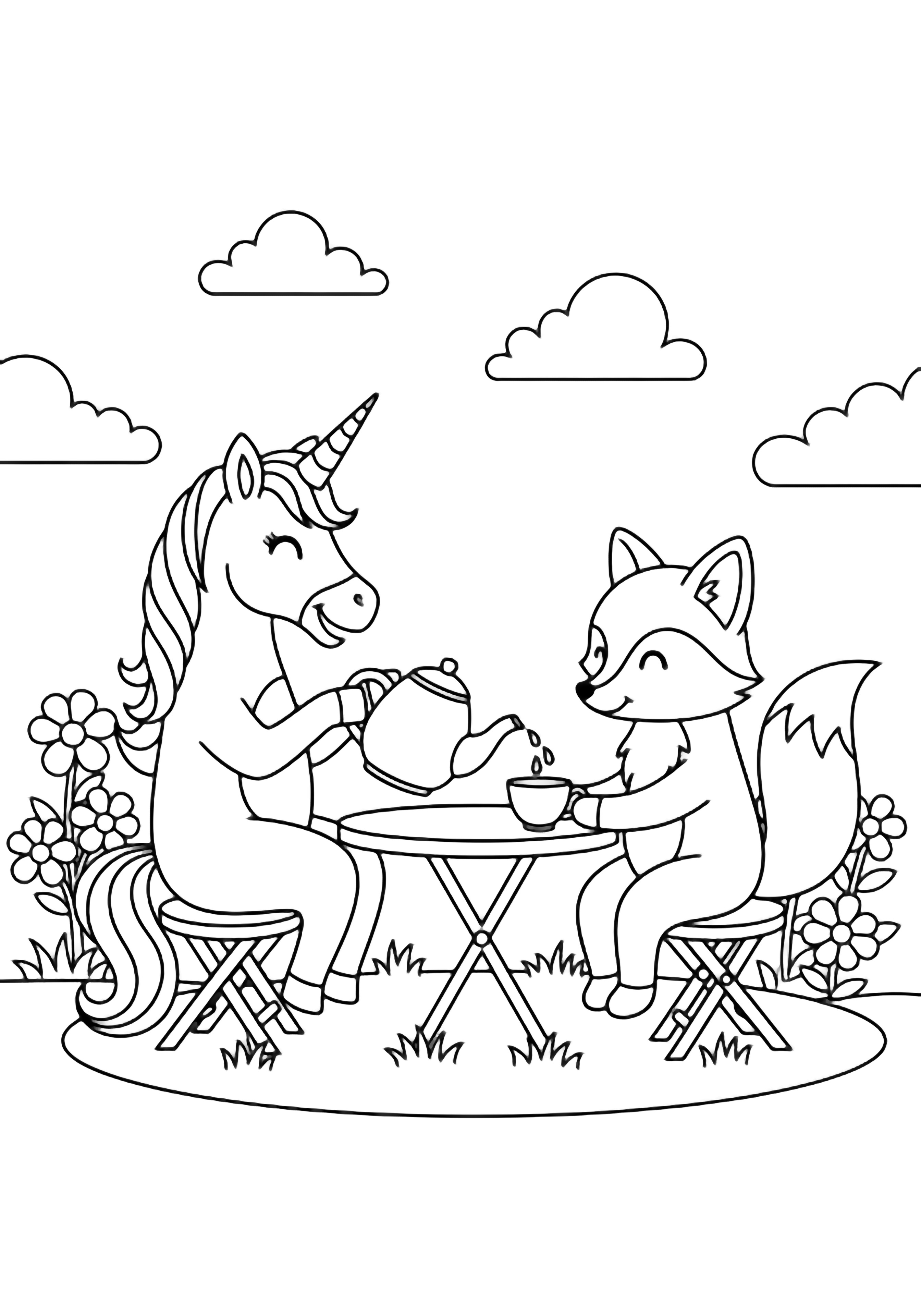 A smiling unicorn at a garden table pours tea for a fox, framed by simple flowers and clouds. kleurplaat