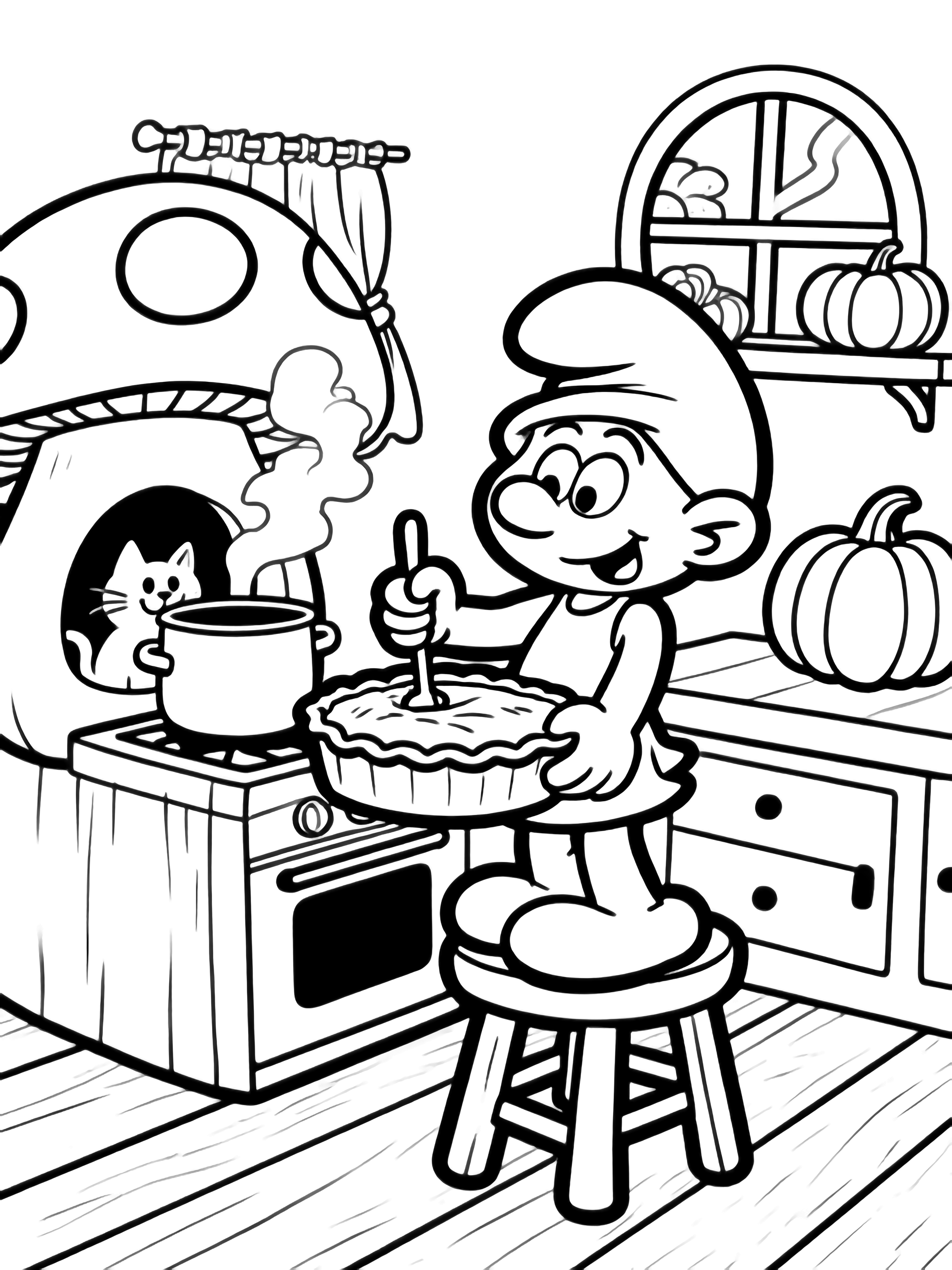 Smurfette on a stool stirs a pie tin inside a hollow mushroom kitchen; shelves, curtained window, steaming pot, cat, pumpkins on counter, simple wood floor. kleurplaat